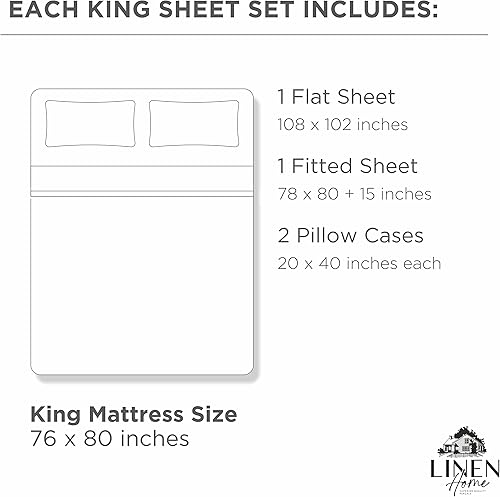 Miniatura 6 de Linen Home Juego de sábanas 100% de percal de algodón, fresco, ligero, sólido, transpirable, en serie, king, 4 piezas, 1 sábana encimera, 1