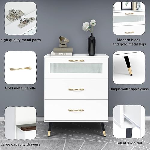 Miniatura 4 de Mesita de noche blanca con 3 cajones, mesa de noche de madera de 21 pulgadas, mesita de noche grande con puerta de cristal, patas y asas doradas,