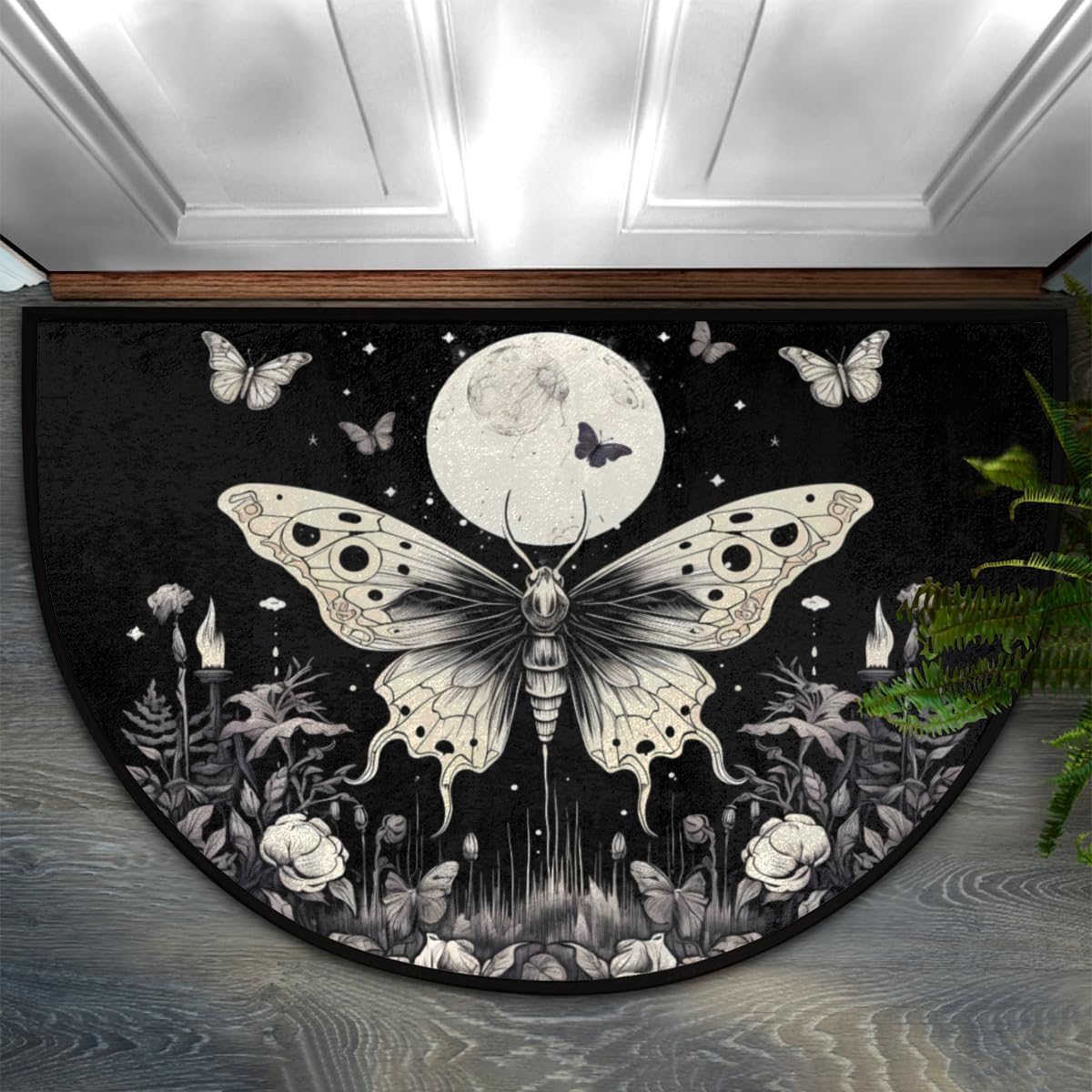 Retro Gothic Butterfly Half Round Door Mat Indoor Entrance, Moon Flower Non Slip Absorbent Doormats 24 x 36 inch Semi Circle Door Floor Mats Area Rugs for Home Kitchen Patio
