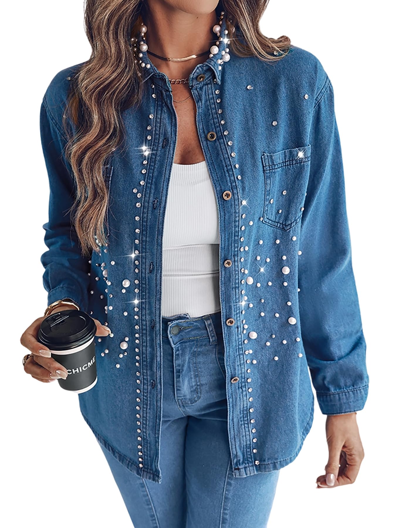 Camicia di Jeans da Donna con Perle e Strass | Camicia di Jeans Casual a Maniche Lunghe con Colletto e Bottoni | Abbigliamento Autunnale Casual e Leggero