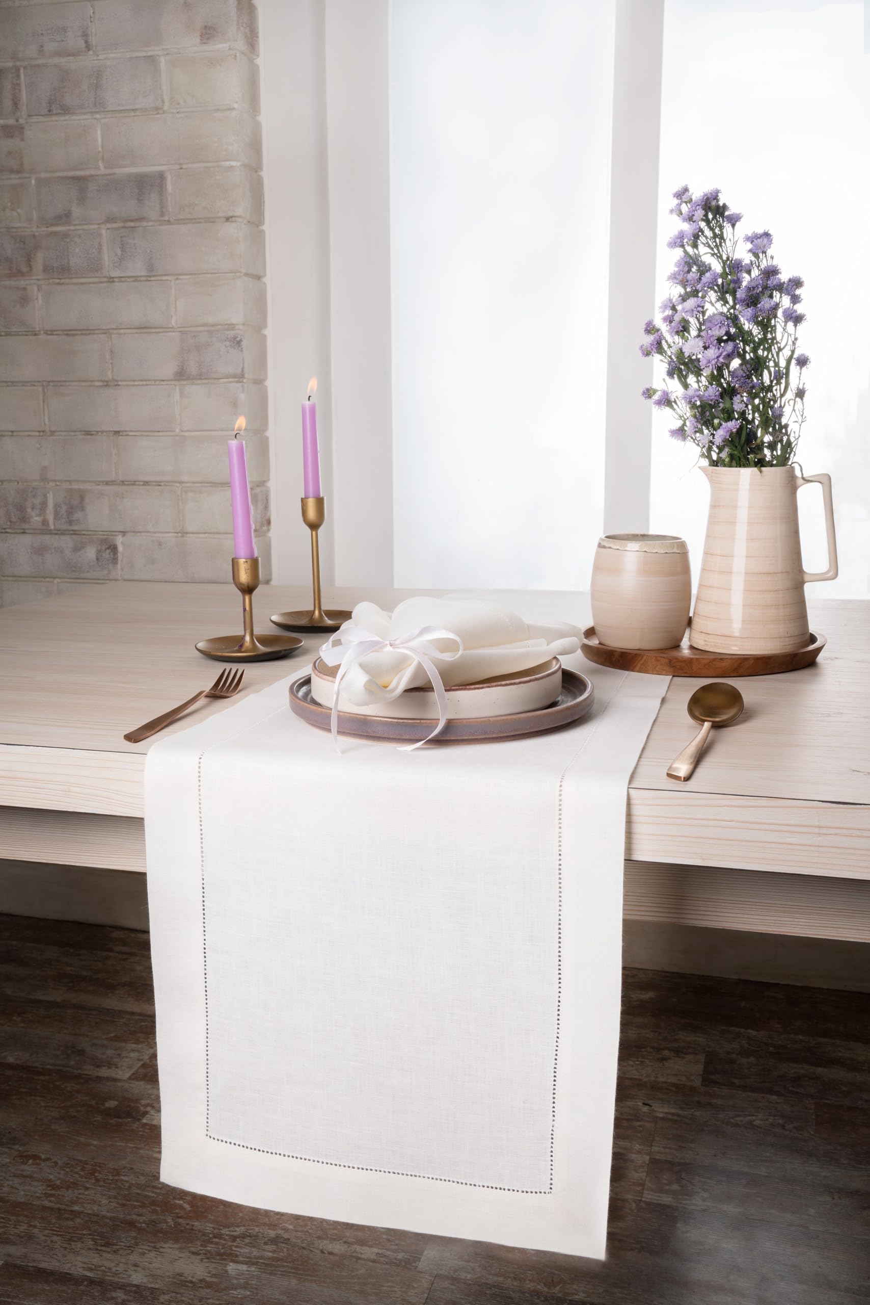 D'Moksha Homes Ivory Linen Table Runner 84 inches Long 100 Pure