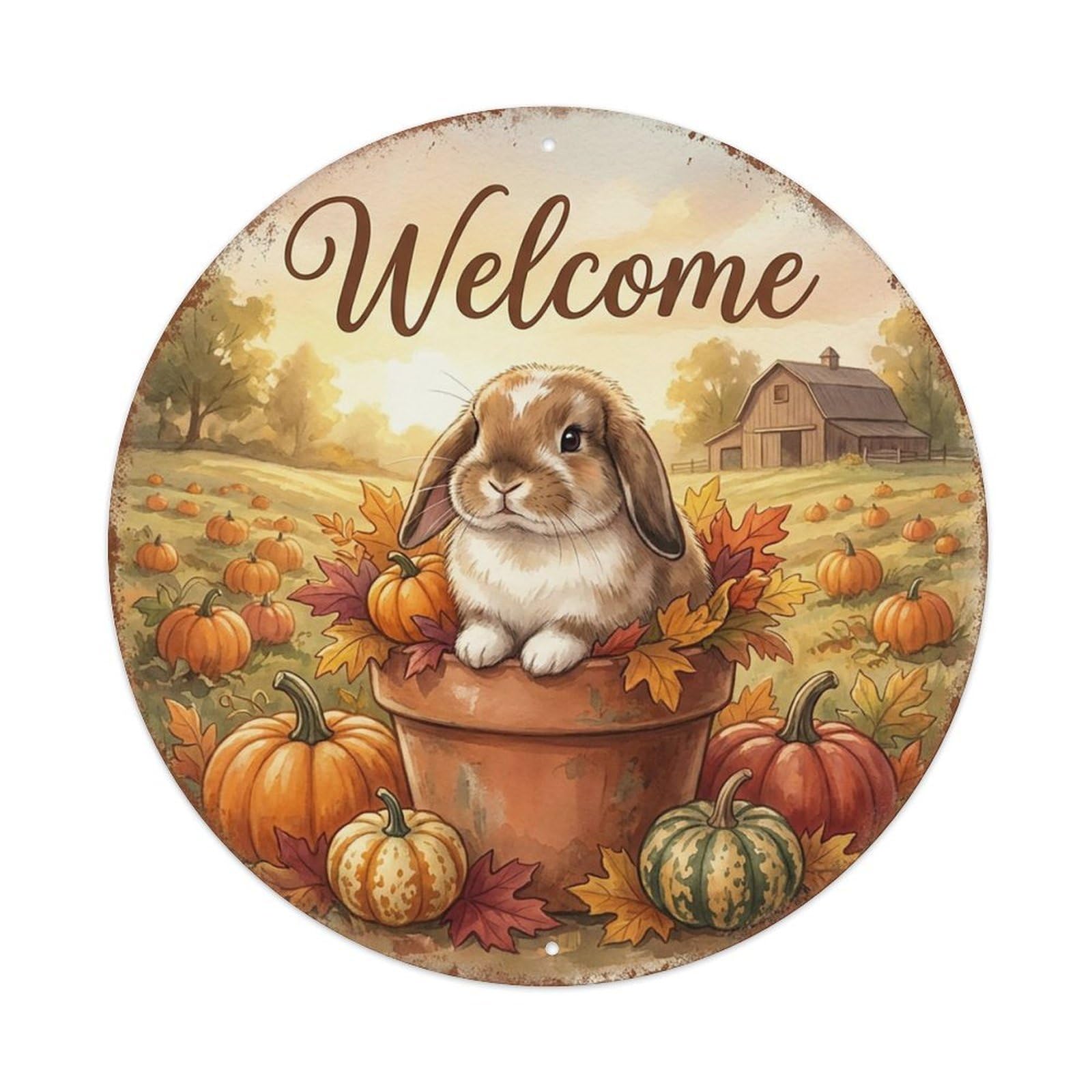 Welcome Bunny Pumpkin Patch Vintage Metal Tin Sign Plaque Wall Decor for Cafe, Club Bar, Office, Garden Metal Poster 8x8Inch