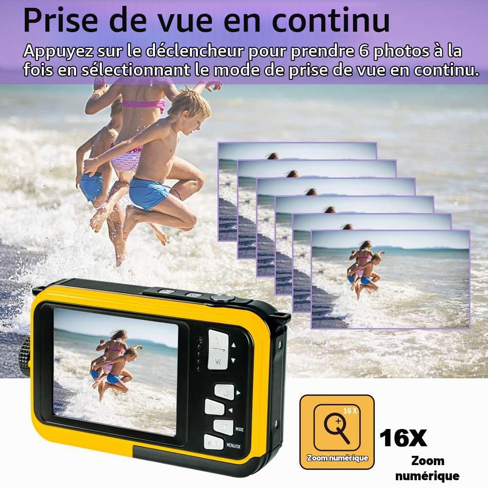 Appareil Photo Etanche Numérique Full HD 2.7K 48MP Camera Etanche pour la plongée en apnée Camera sous Marine à Double écran avec Retardateur et Zoom Numérique 16X