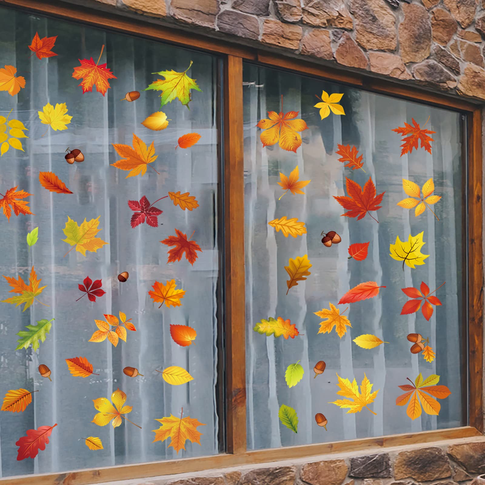 Herbst-Fensteraufkleber Set – 9 Blätter Mit Ahorn, Bäumen & Regenschirmen, Doppelseitig Bedruckt, Für Deko Zu Thanksgiving