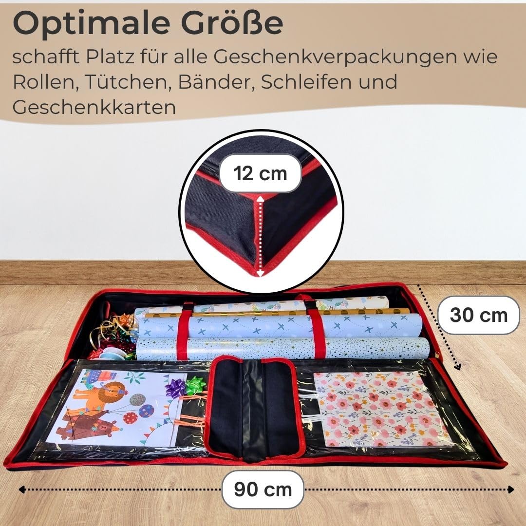 Geschenkpapier Aufbewahrungstasche 90 cm schwarz, wasserdicht/ Organizer für Geschenkverpackungen, Rollen, Bänder, Tütchen/ Aufbewahrungsbox staubdicht/ Geschenkpapierrollen Schutz bis zu 30 Rollen