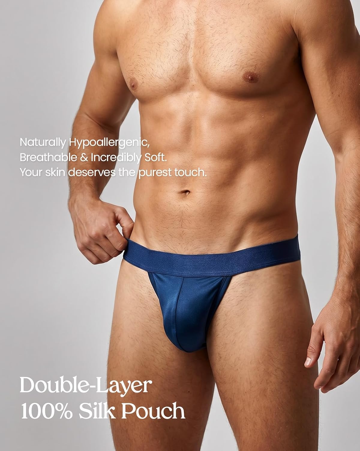 Men's 100% Mulberry Silk Thong - Ultra Comfort Double Layer Pouch Shiny T-Back, Hypoallergenic Pure Silk Underwear