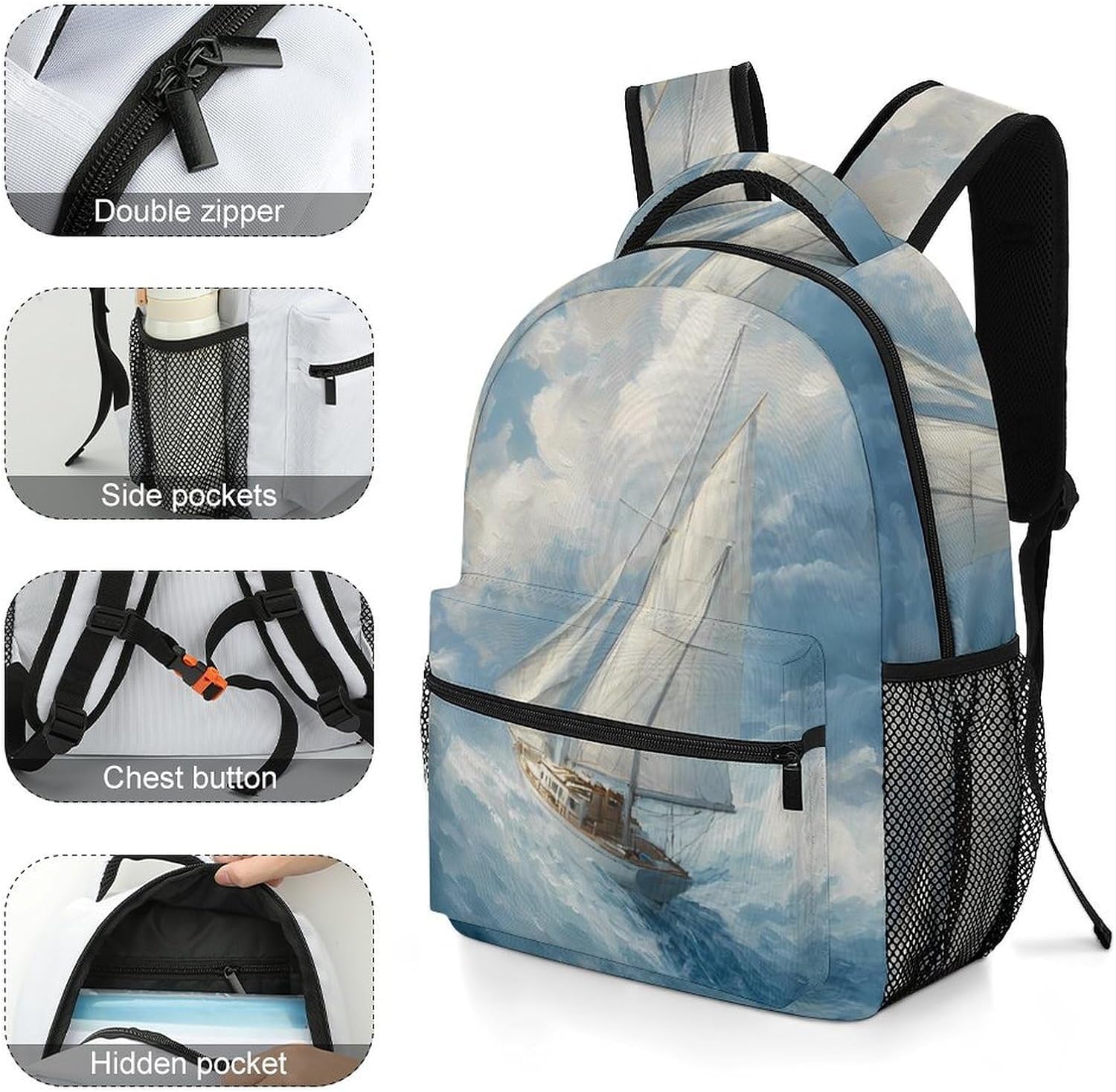 Sailboat Sailing on Rough Waves Unisex Backpack Casual Daypacks Lightweight Shoulders Bag for Camping Hiking Travel