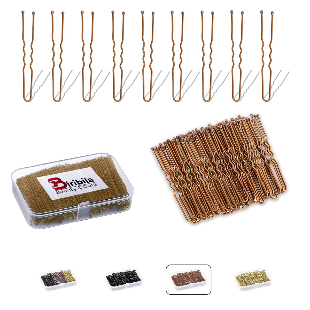 Biribila U-förmige Haarnadeln für Dutt, 6 cm, gewelltes Design, Haarknoten, Haarklammern für alle Haartypen, Frisuren, Haarnadeln für Frauen mit organisierter Box (Braun, 150 Stück)