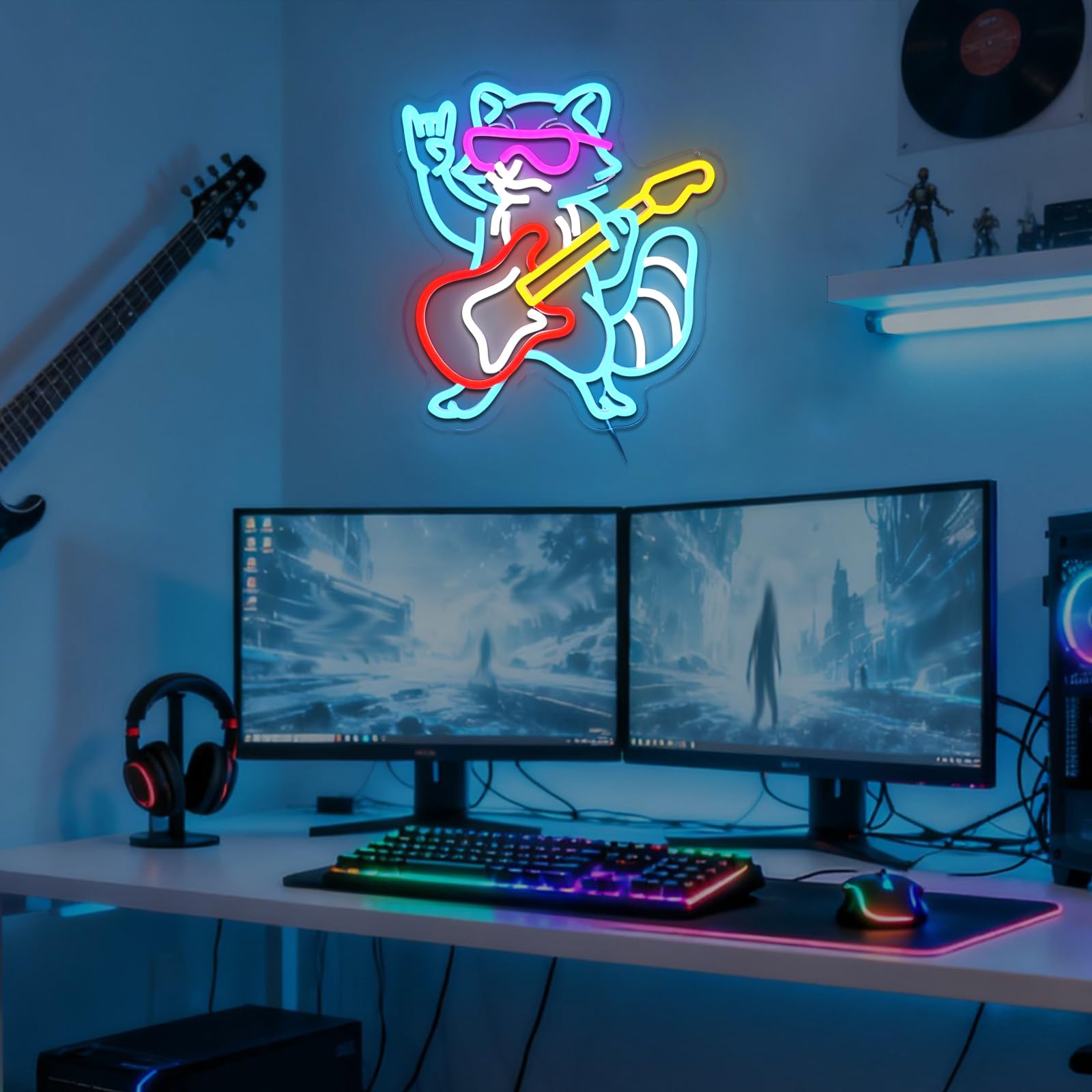 Waschbär Gitarre Neon Schild Rock Musik Led Neonschild Wand Lustig Neon Sign USB Led Schild für Spielzone Bar Live Musik Studio Büro Garage Schlafzimmer Zimmer Party Laden Geschenk