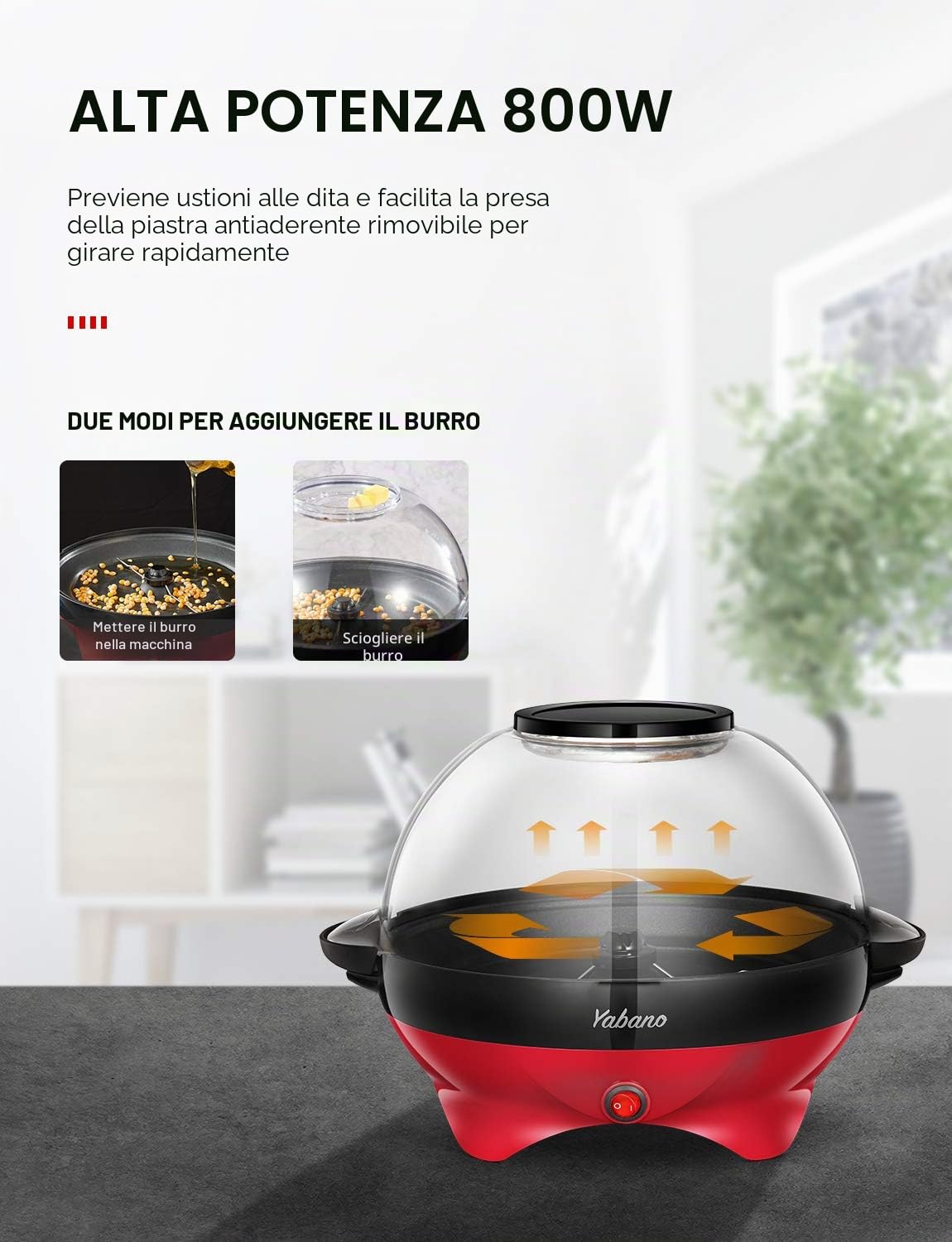 Yabano Macchina Popcorn, 5L Macchina per Pop Corn con Rivestimento con Antiaderente, Staccabile, Impugnature Fredde, 800 W, Senza BPA, Rosso