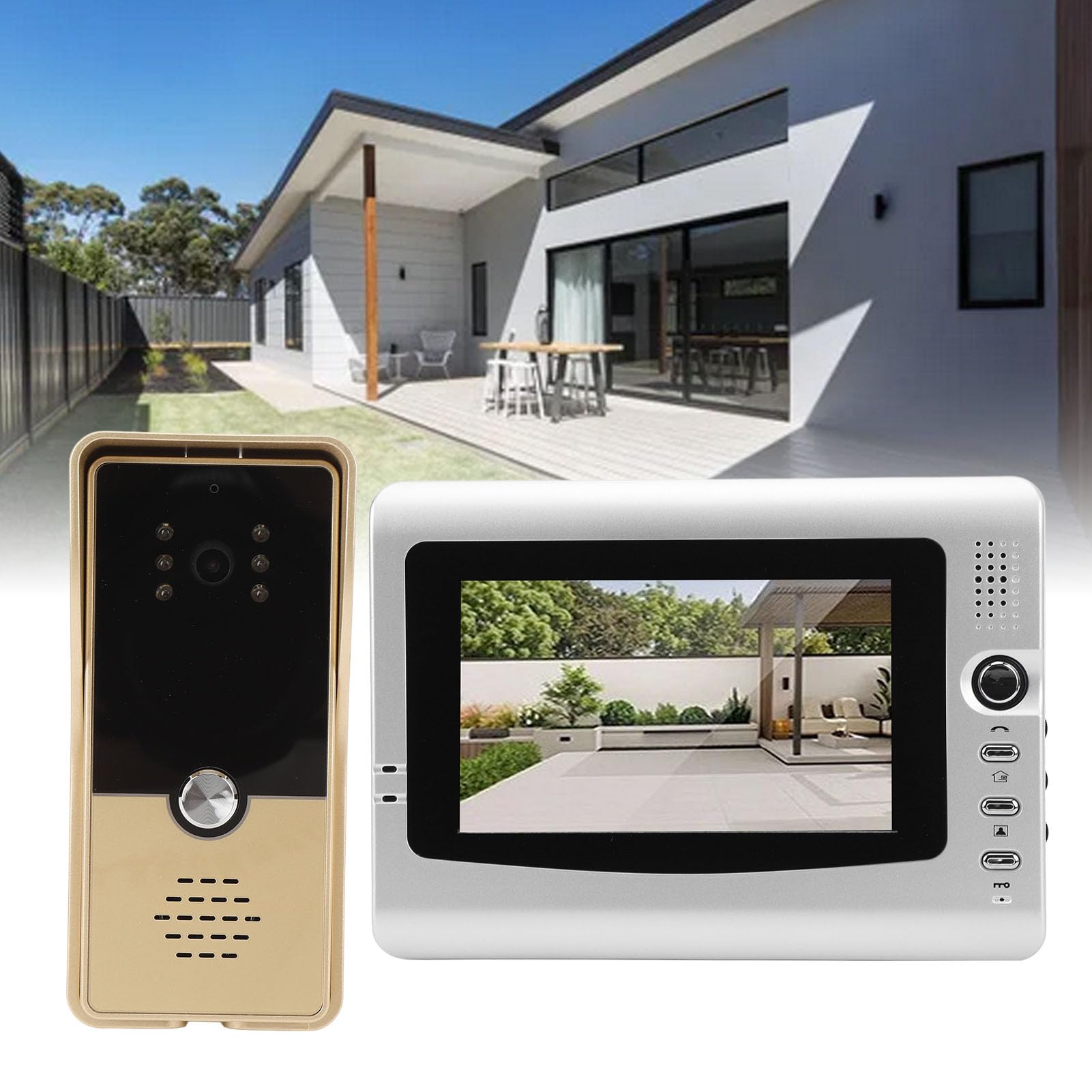 Sistemas Videocitofono Cablato, Monitor Videocitofono da 7 Pollici con Visione Notturna IR, Kit Videocitofono Supporto Monitoraggio, Sblocco, Citofono Bidirezionale per (GOLD)