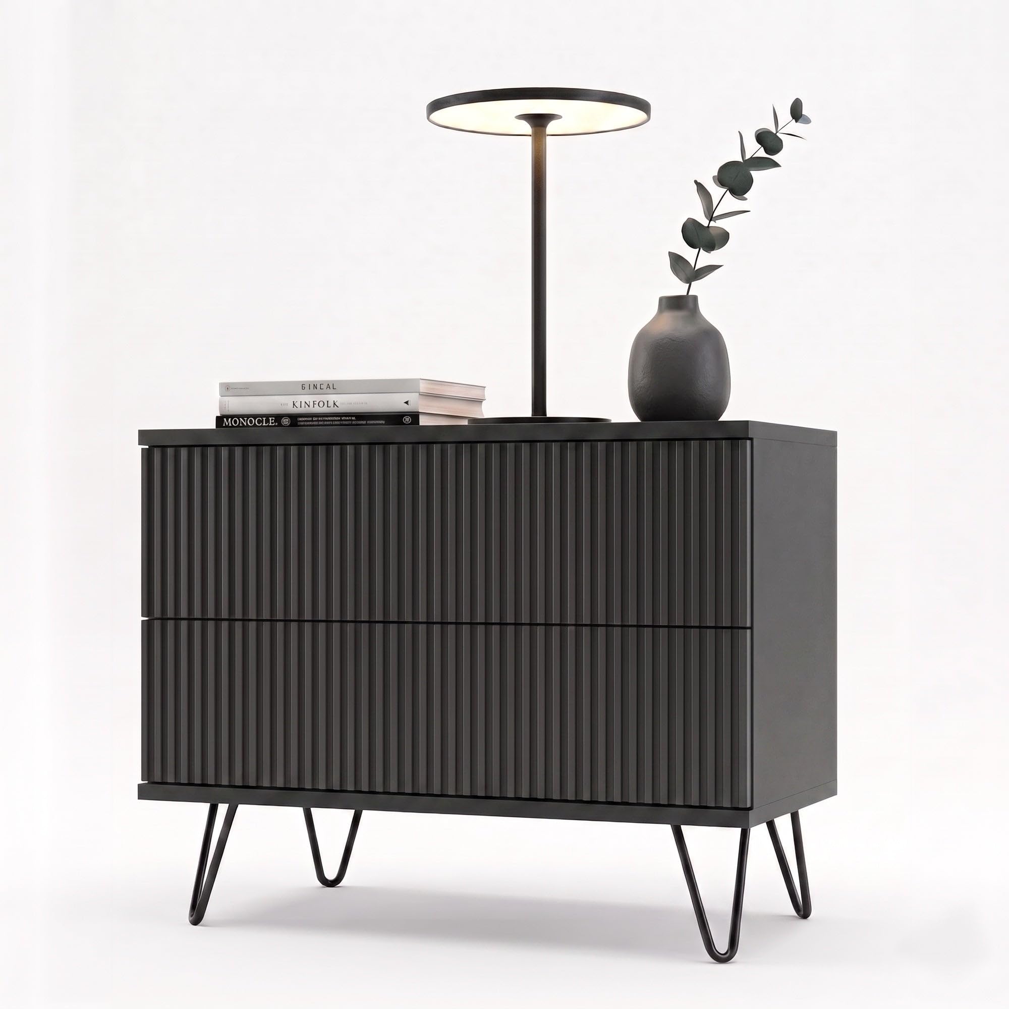 Vladon Nachtschrank Kioto, Schwarz matt geriffelt (60 x 43 x 35 cm)