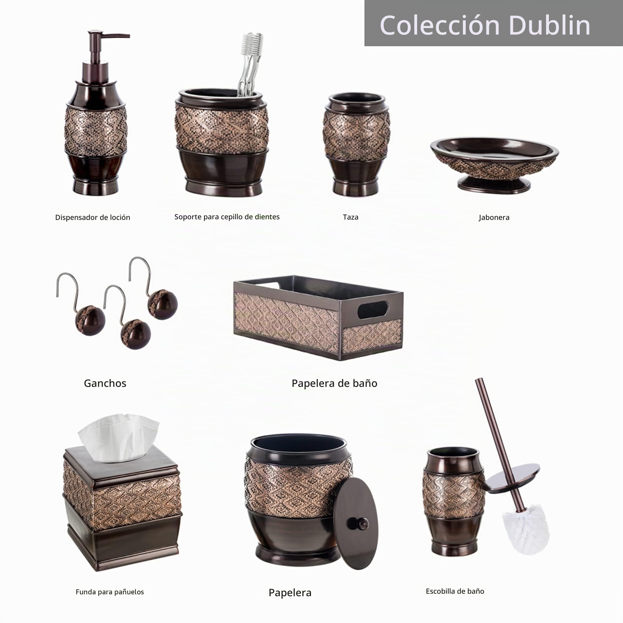 Creative Scents Juego de Accesorios de baño Marrones – Juego de baño de 6 Piezas Incluye: dispensador de jabón Decorativo, jabonera, Vaso, Soporte para Cepillo de Dientes, Funda para Caja de pañuelos