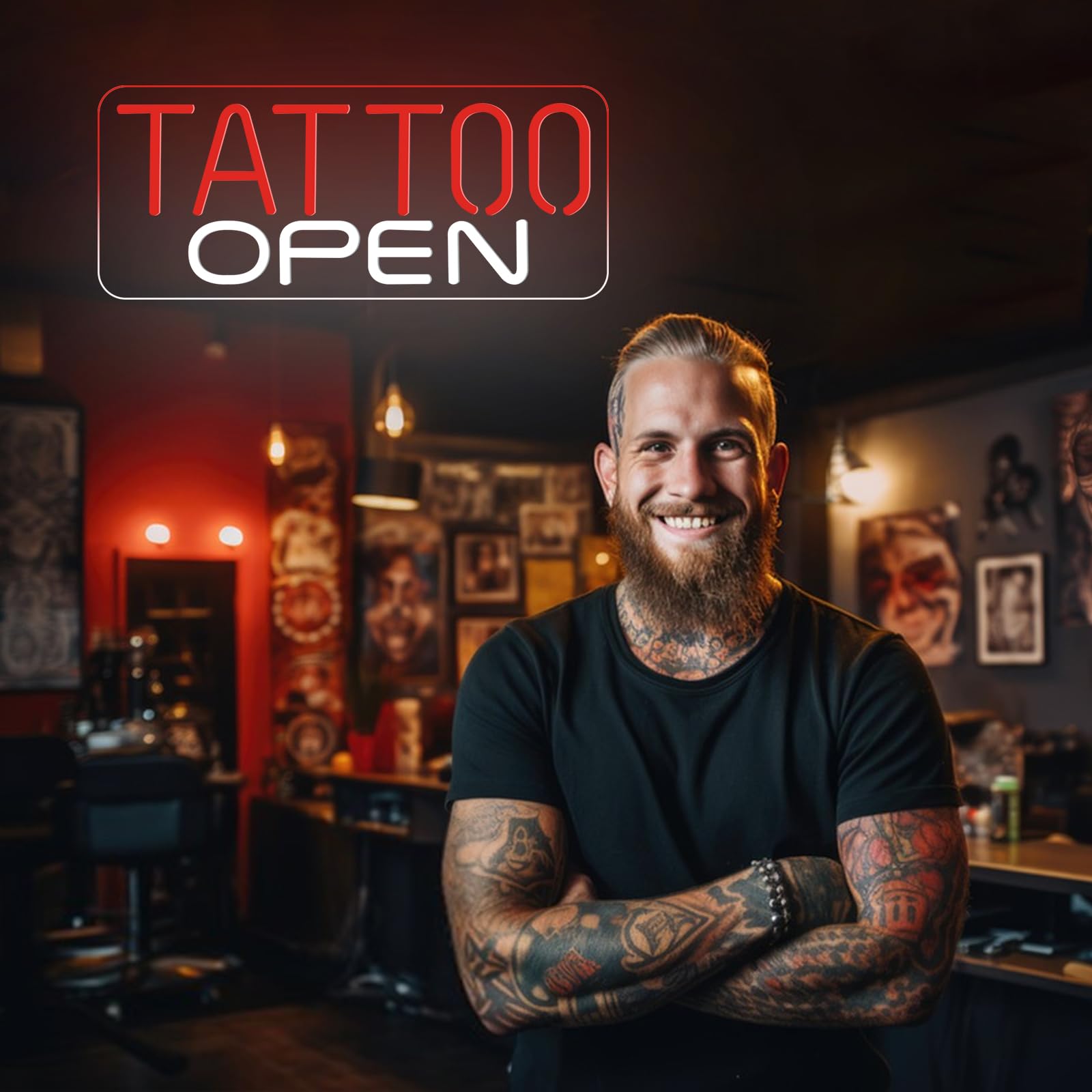 TATTOO OPEN Cartel de neón para decoración de pared, luz LED de neón regulable para salones de tatuaje, llamativo letrero de neón para bares, pubs, hoteles, salas de hombres, salas de ocio y salas de