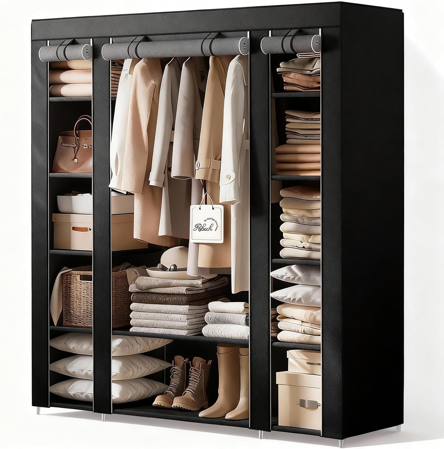 Armoire en Tissu 45 x 150 x 175 cm - Cadre en métal avec Housse Anti-poussière en Non-tissé - Tringle à vêtements - Noir - Système de Rangement pour Chambre à Coucher