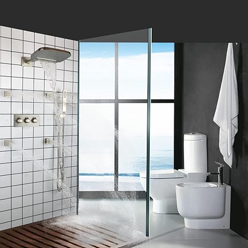 Miniatura 3 de Cabezal de ducha de lluvia de cascada cepillado con rociador de mano montado en la pared de latón 8 x 10 pulgadas, sistema de ducha de lluvia