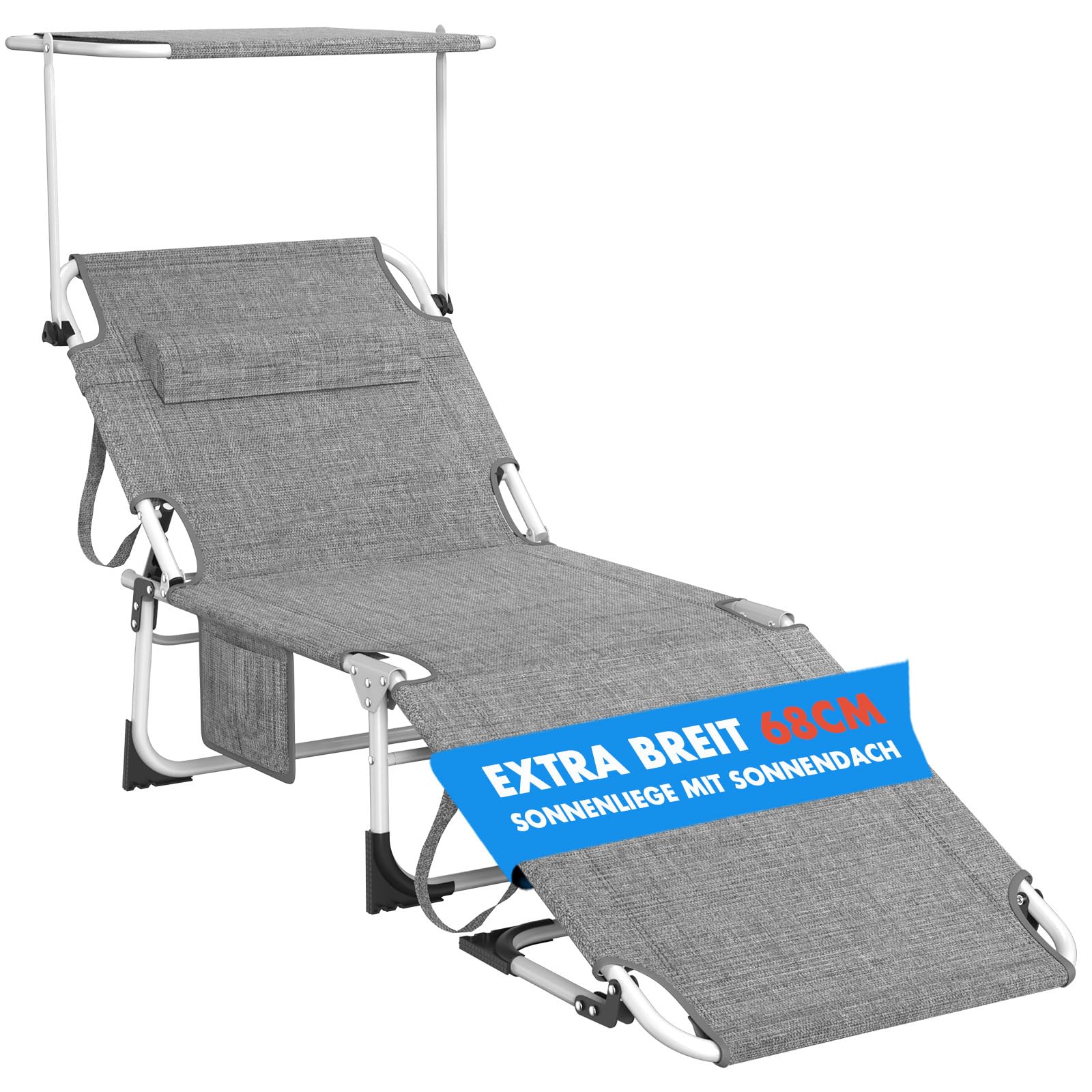 Huracan Lettino prendisole pieghevole con tettuccio parasole, resistente alle intemperie, con schienale regolabile in 4 posizioni, sedia a sdraio con cuscino, portata fino a 150 kg, Grigio