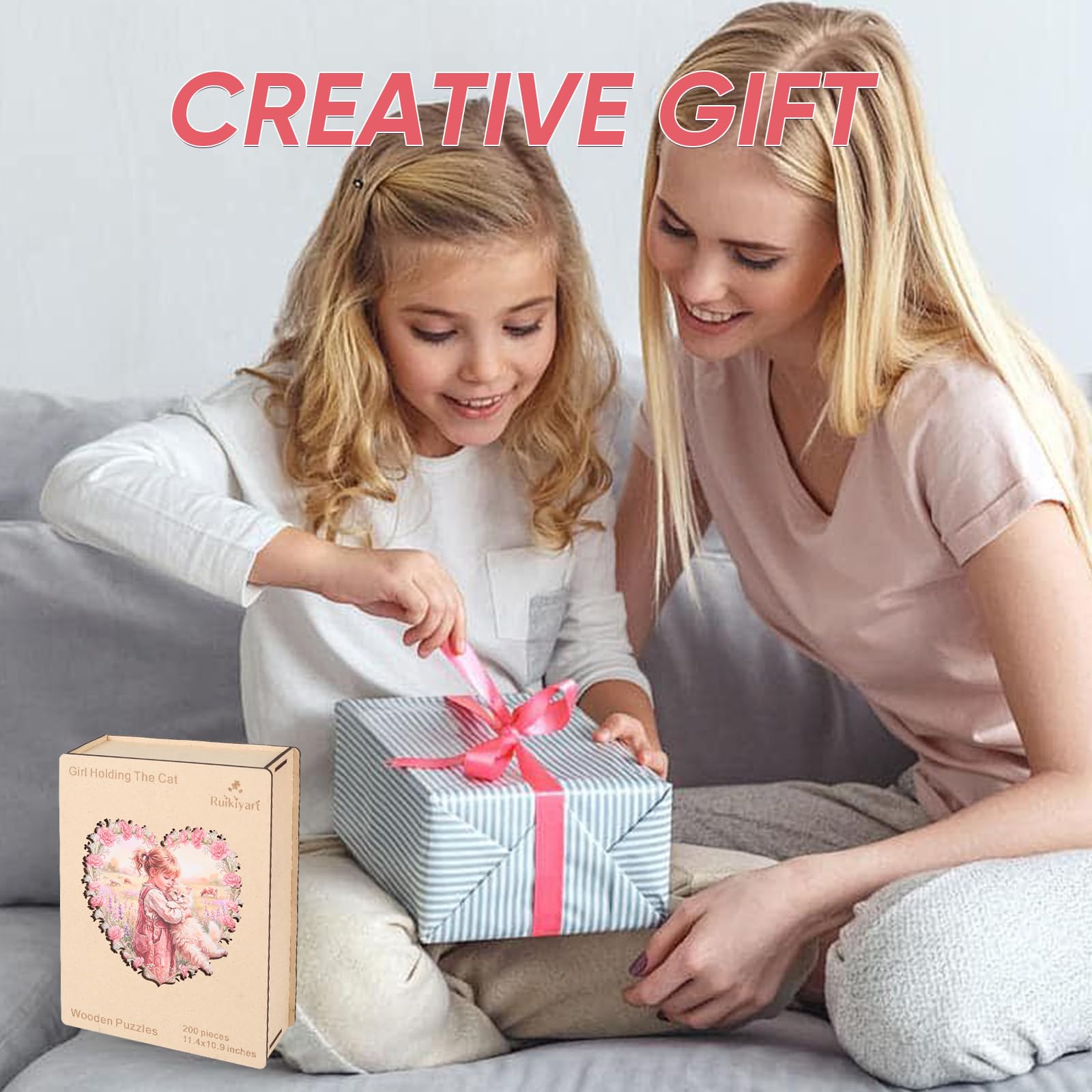 Ruikiyart Casse-tête en bois de 200 pièces en forme de cœur pour adultes, puzzle stimulant fille et chat avec pièces irrégulières uniques, parfait pour une soirée de jeu en famille, un anniversaire
