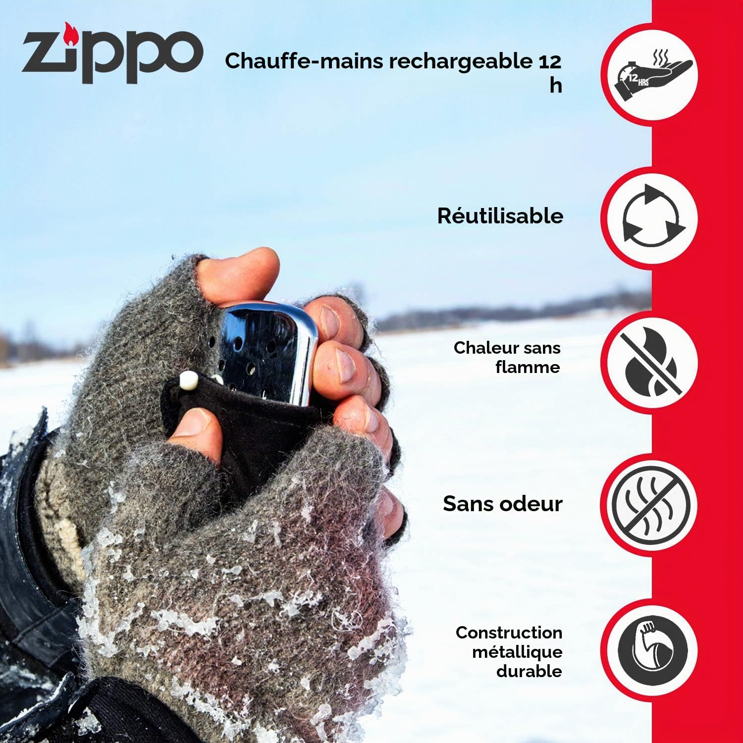 Zippo Chauffe-mains rechargeable 12 heures | Portable, rechargeable, inodore | Fonctionne avec le liquide à briquet Zippo | Comprend une technologie de remplissage facile, 2,5 fois plus de chaleur que