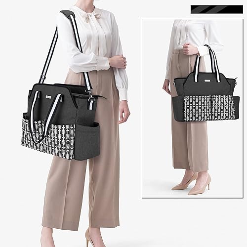 Miniatura 5 de CURMIO Bolsa de trabajo para profesores para mujer, bolsa de mano portátil para profesores con funda acolchada para laptop, negro con flecha (solo