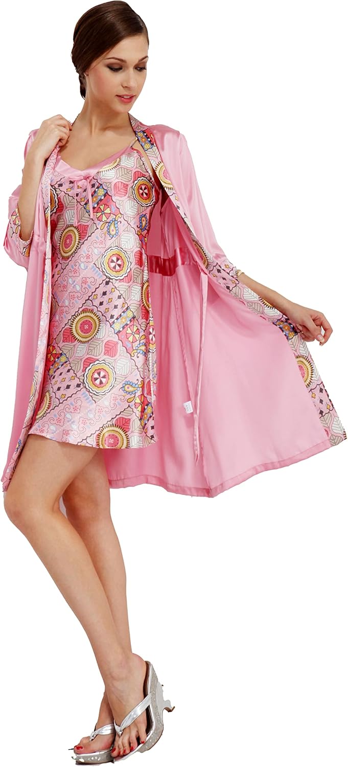 Women's Pure Natural Silk Chemise and Robe Set Casual Nightgown Kimono Set