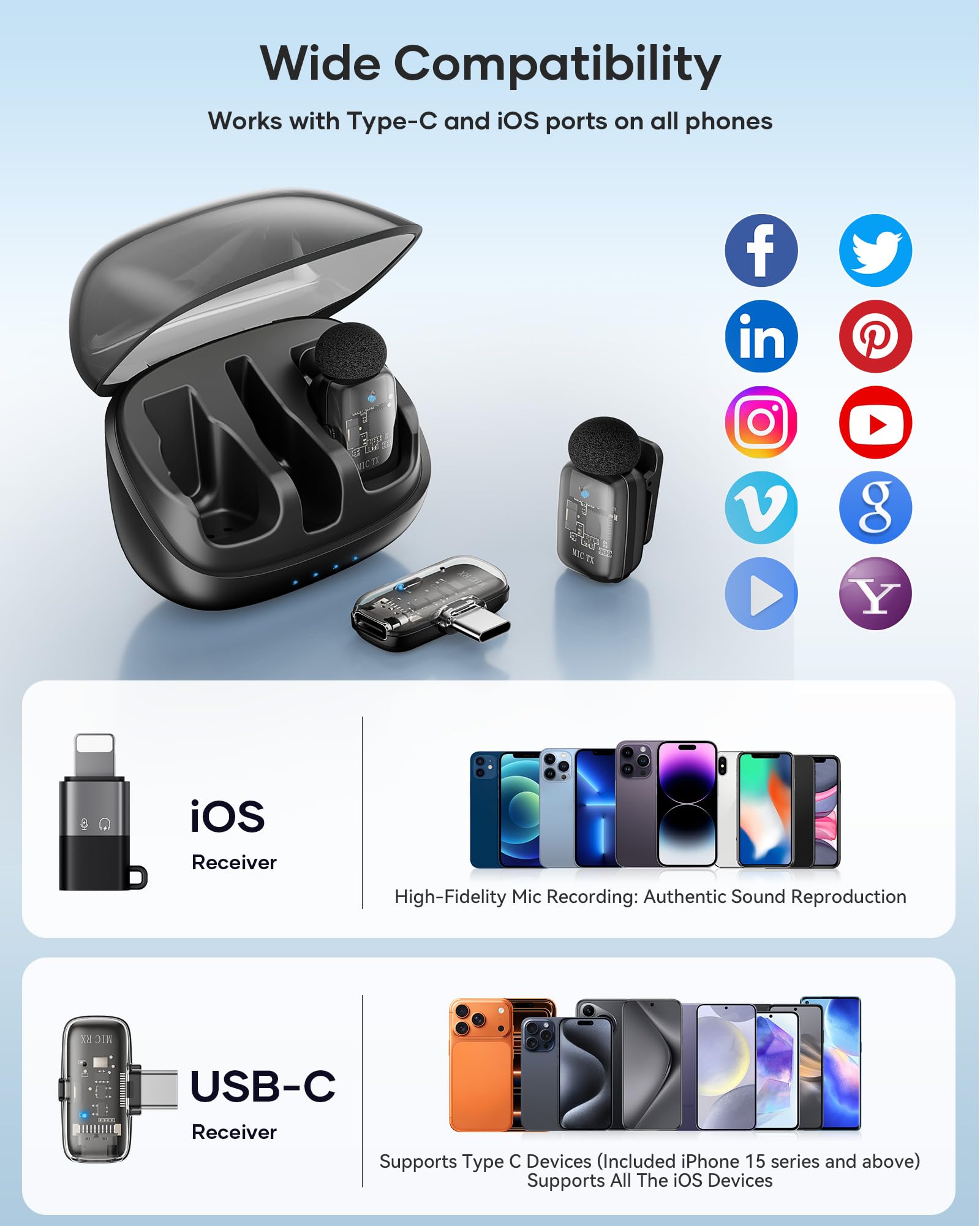 KUKIHO Wireless Lavalier Microphone with Charging Case, 36H Battery Life, Noise Cancellation, 135ft Range, Plug-and-Play Clip-On Mic for iPhone, iPad, Android, YouTube, Vlog, Live Streaming: With Case Flat Black