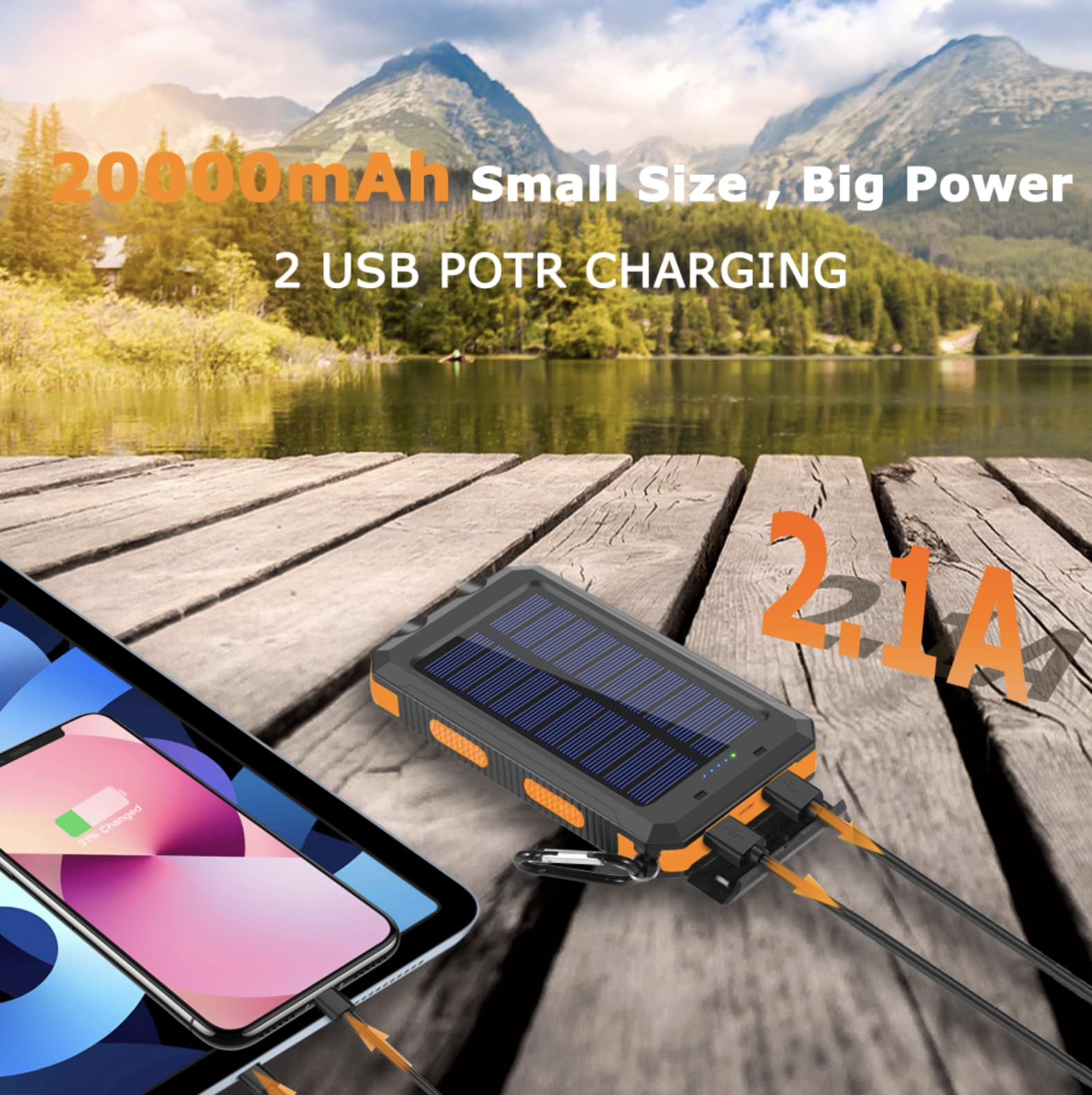 Power Bank Solar 20 000 mAh Chargeur portable 3 en 1 étanche et résistant – Charge rapide USB et USB-C avec lampe torche – Batterie externe pour iPhone, Samsung – Camping, Outdoor et urgences