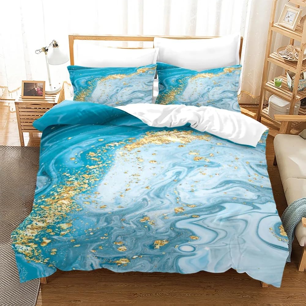 Housse de couette en marbre bleu 240x220 cm en microfibre avec motif de paillettes dorées