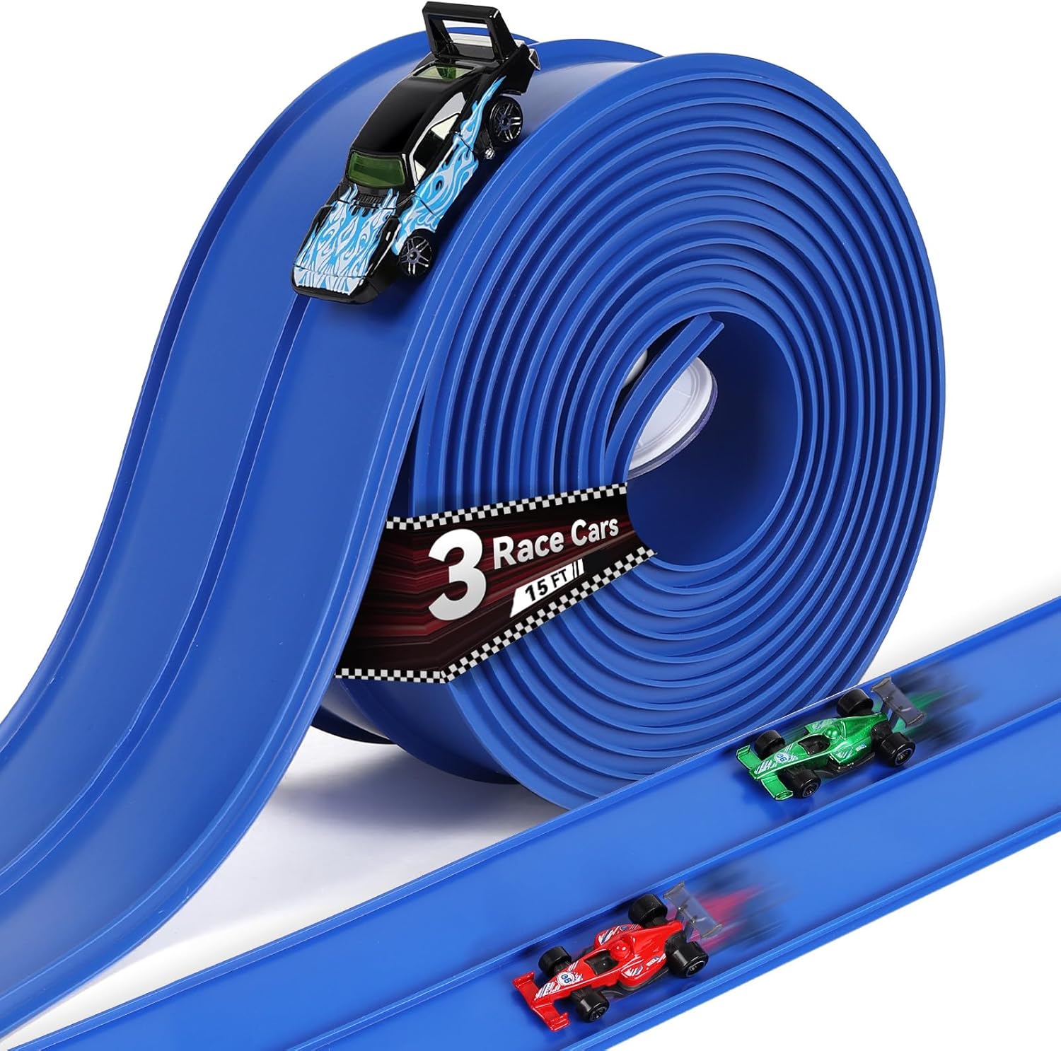 15 Ft Softer Flexible Race Track for Kids with 3 Race Cars and Storage Bag, Compatible with Hot Wheels and Diecast 1/64th Cars, Safe and Durable Materials, Birthday Gifts for Kids Age 4-9