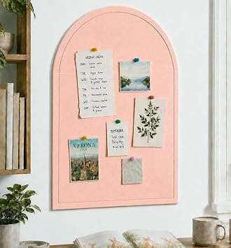Large Arched Felt Bulletin Board, Sized 36" x 24" for Office & Wall Decor 6 Customizable Adhesive Tiles with Pins are Perfect to Display Your Photos Pink-B