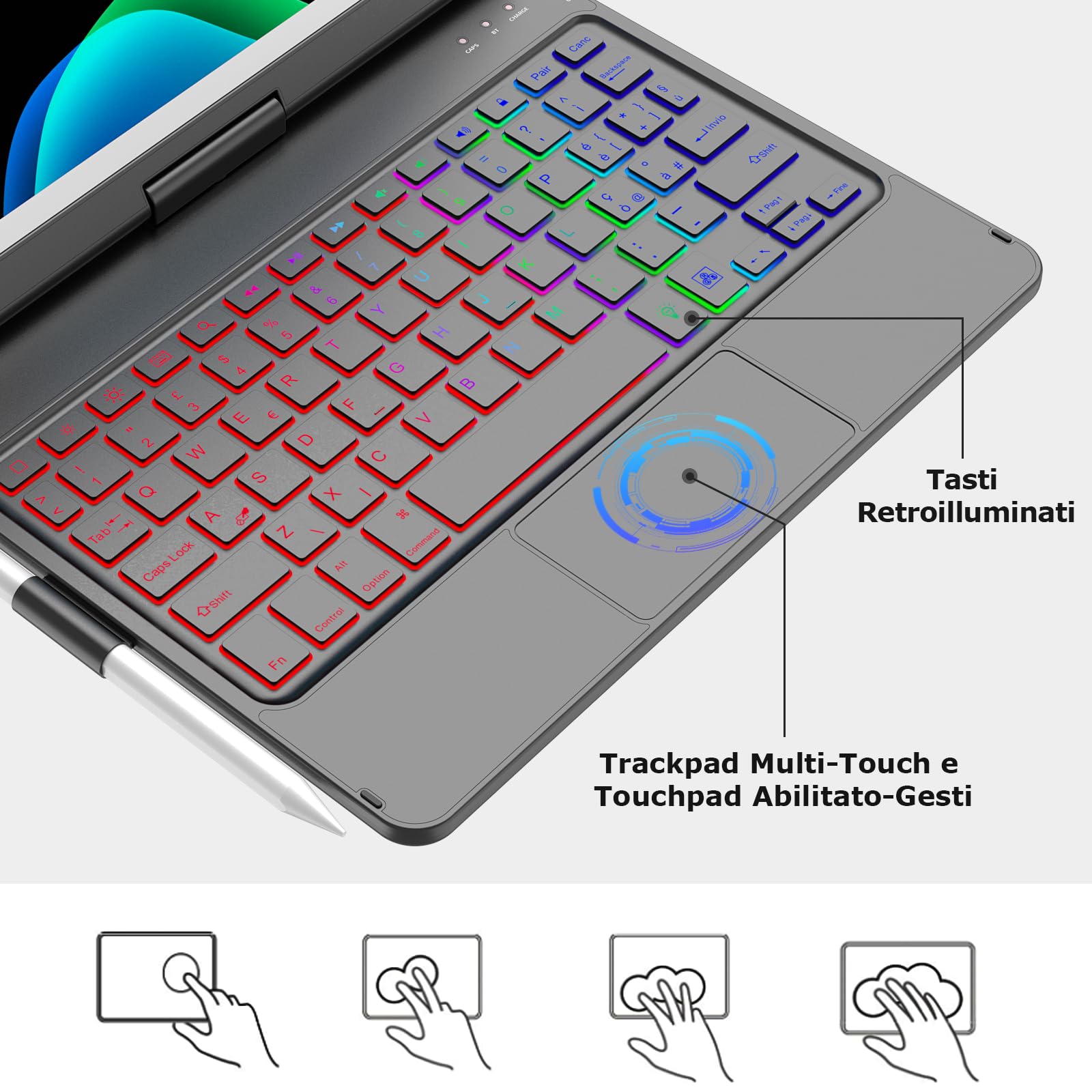 Custodia con Tastiera Touchpad per iPad 9a Gen 10.2" 2021,Tasti Multi-Touch e Retroilluminati,Ruotabile a 360° e Supporto per Matita,Custodia con Tastiera Trackpad per iPad 10.2 iPad 9a/8a/7a