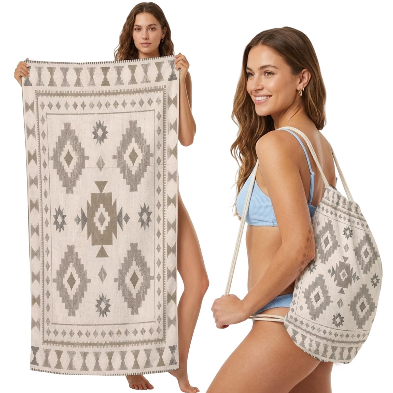 Beach Towel Bag 2 in 1 Brown Southwestern Aztec Arrows Bath Pool Towels Backpack Bohemian Tribal Absorbent Beach Towel Soft Quick Dry Lightweight Packable Towels Drawstring Bag for Travel Sports Yoga