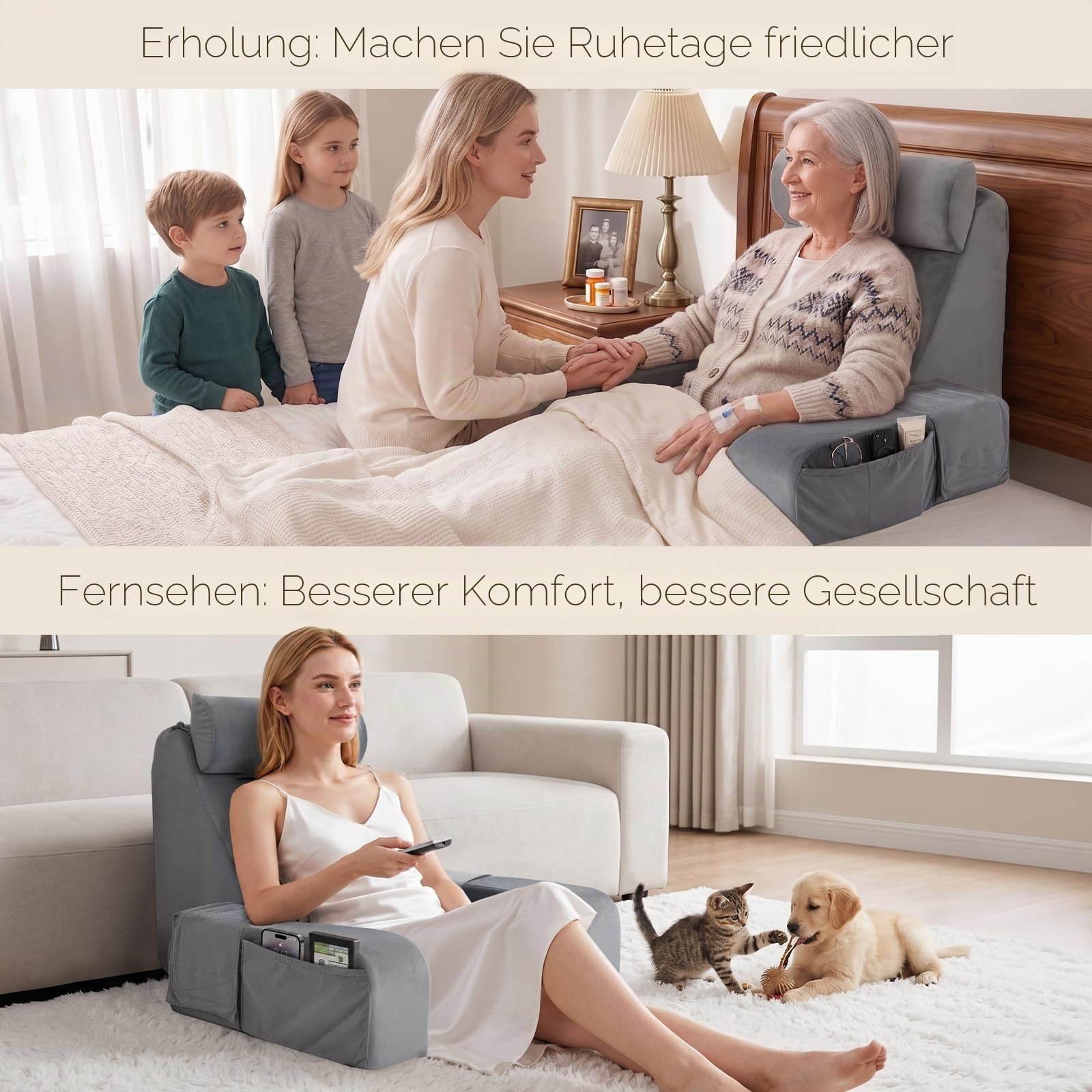 ENITYA 19" Lesekissen für Bett und Sofa, Lesekissen mit Rückenlehne für Erwachsene, Armlehnen, Großen Taschen, Ideal zum Entspannen, Fernsehen, Stillen, zur Erholung und zum Spielen, Grau