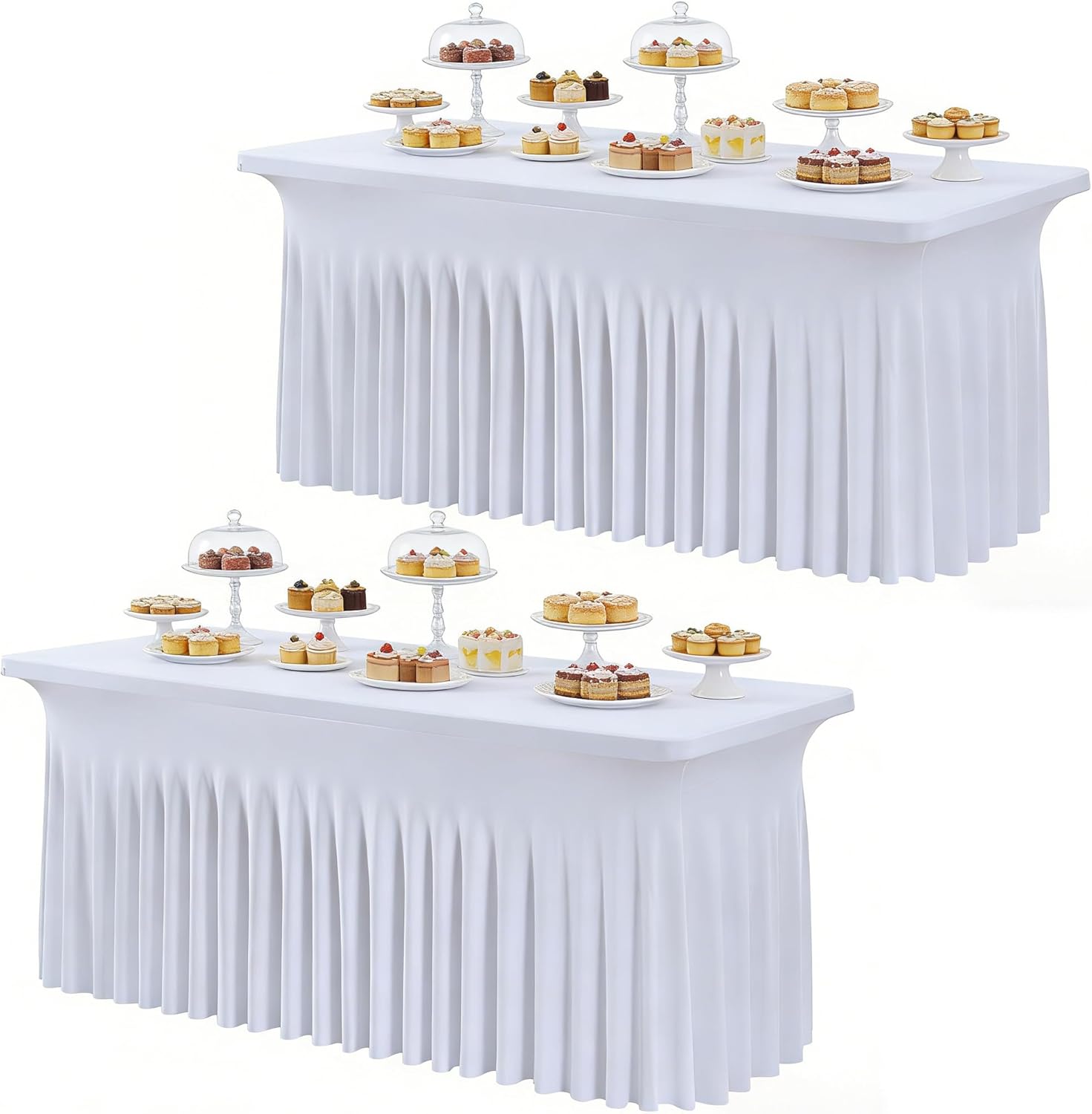 8FT Table Cloth for Rectangle Tables, 2 Pack White Spandex Table Skirs, Fitted Non-Slip Wrinkle-Free Elastic Covers for Party, Wedding, Trade Show, Birthday Decorations