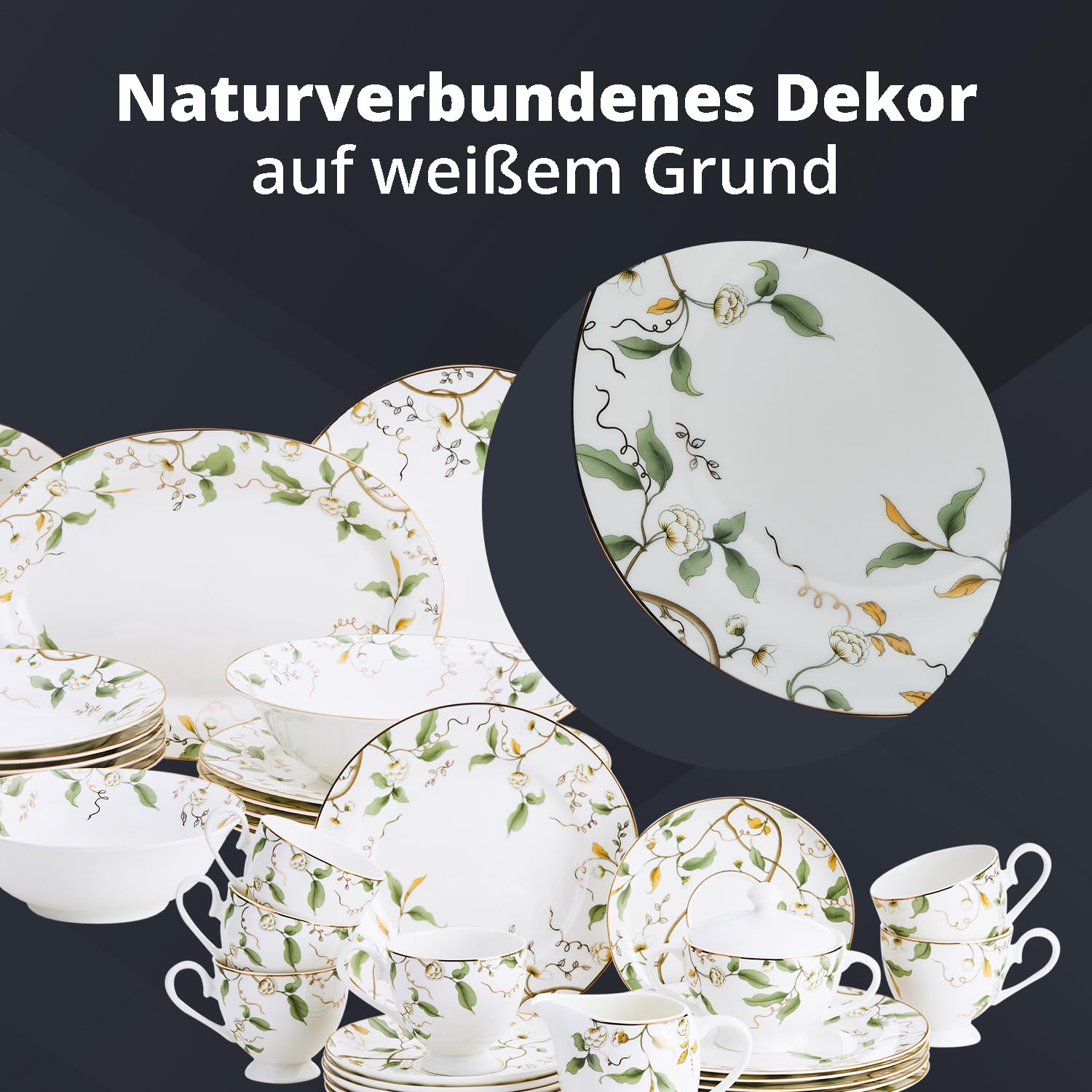 Peill+Putzler Germany, Kombiservice für 6 Personen aus hochwertigem Bon China Porzellan, 35-teiliges Geschirrset in weiß florales Muster aus Blüten & Blättern, Tafelservice & Kaffeeservice, Teller