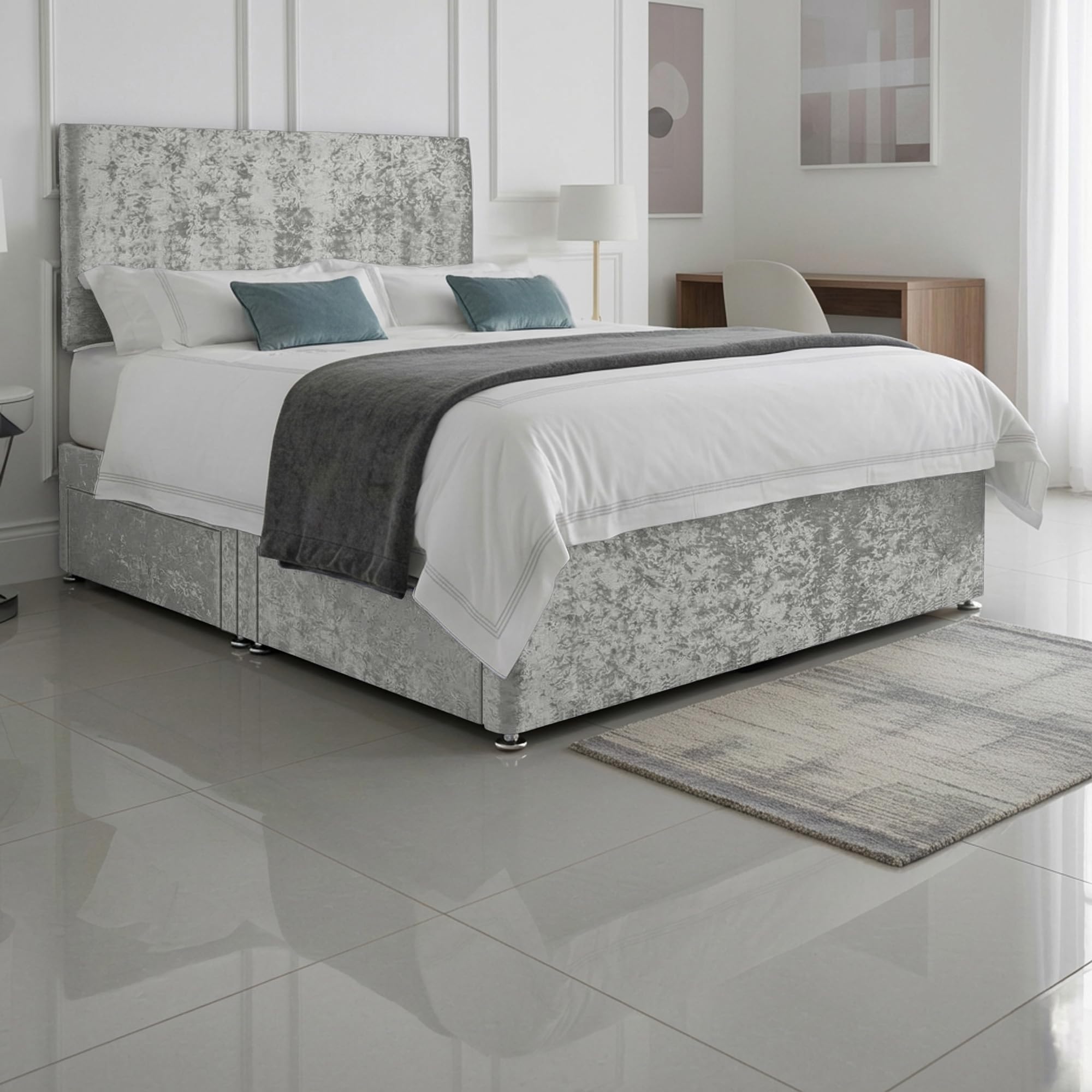 Classic Premium Fabric Divan Bed Set With Open Coil Memory Foam Mattress, 2 Drawers (Same Side) and Matching Headboard 4FT6 Double - Ice Crushed Velvet