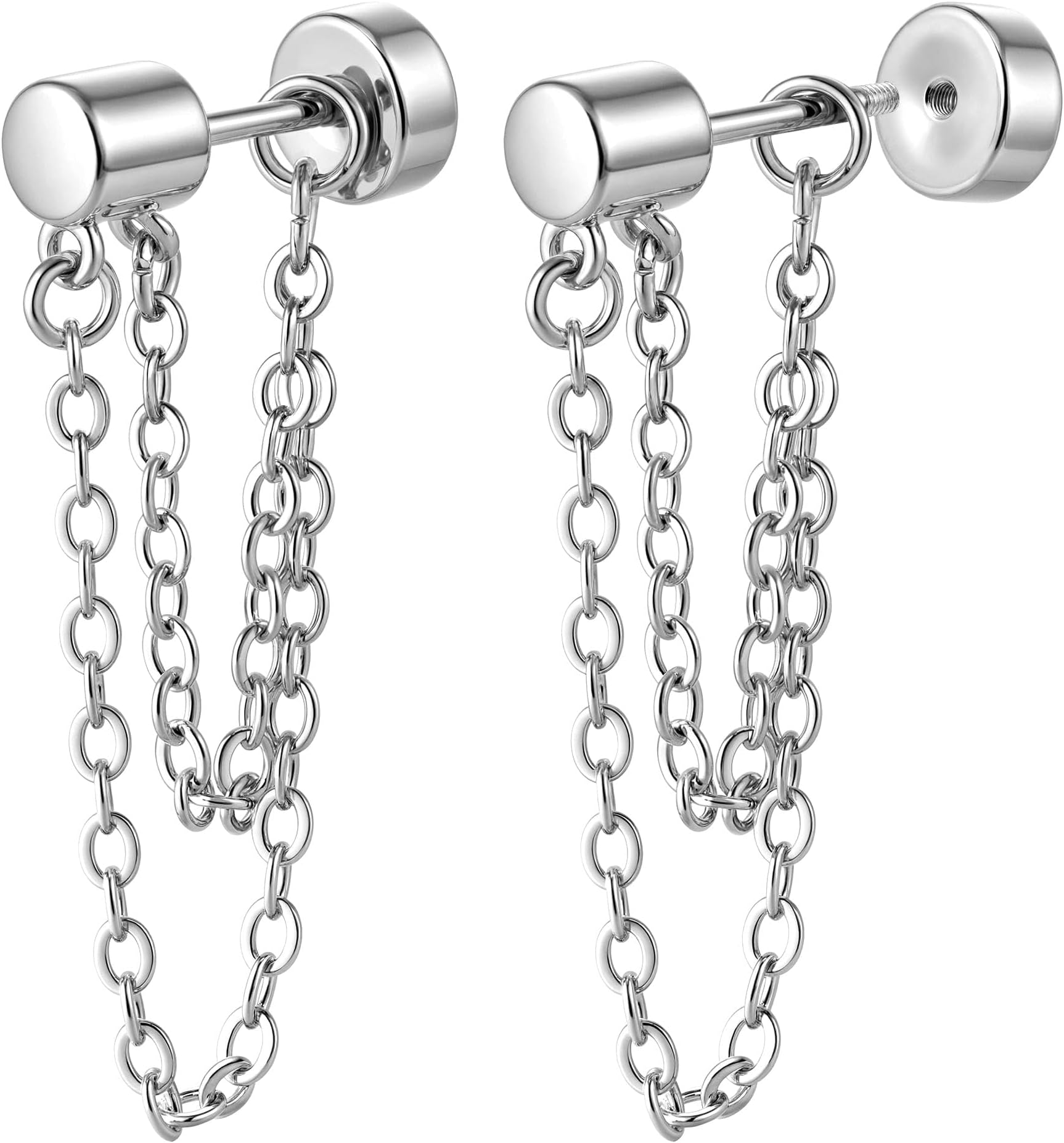1 Pairs Chain Flat Back Earrings, 925 Sterling Silver Post Dangle Stud Earrings for Women Hypoallergenic, 16K Gold Plated Silver Earring Studs Tragus Helix Cartilage Piercing Jewellery