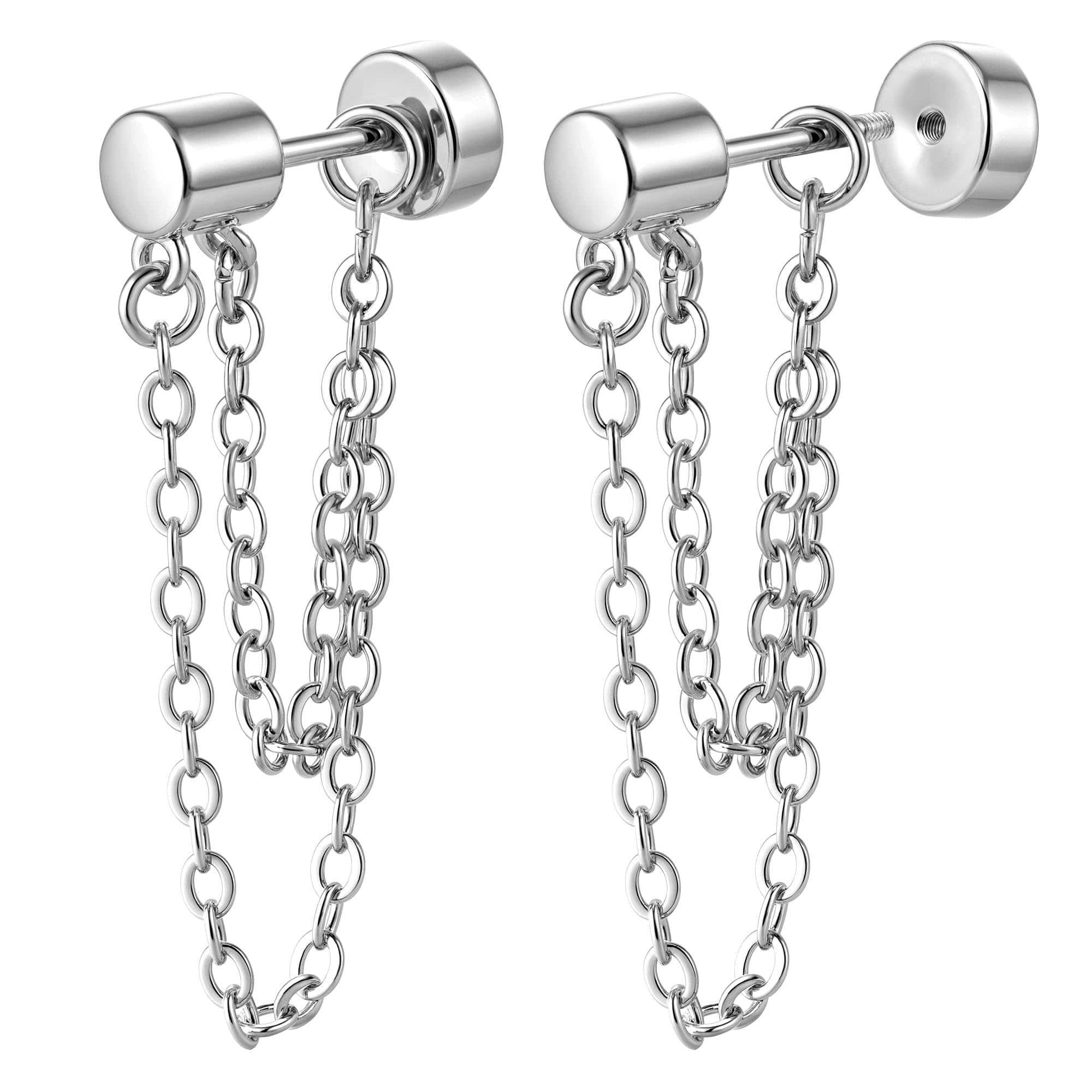 BodyBonita 1 Par Pendientes Mujere de Espalda Plana de Cadena, Pendientes Colgantes de Plata de Ley 925 Hipoalergénicos de Plata Chapados en Oro 16K para Piercing Oreja Tragus Hélix Cartílago