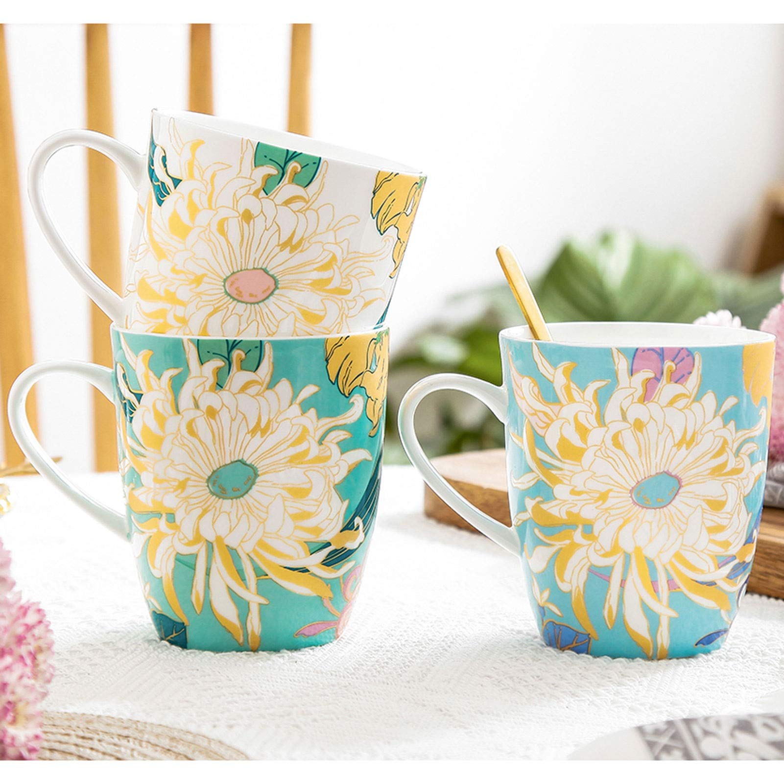 Filiżanki do kawy, kubek elegancka chryzantema seria lukier cenny kolor kości porcelana kubek mleko kubek śniadanie kubek światło luksus ręcznie malowany romantyczny wzór popołudnie herbata 400 ml