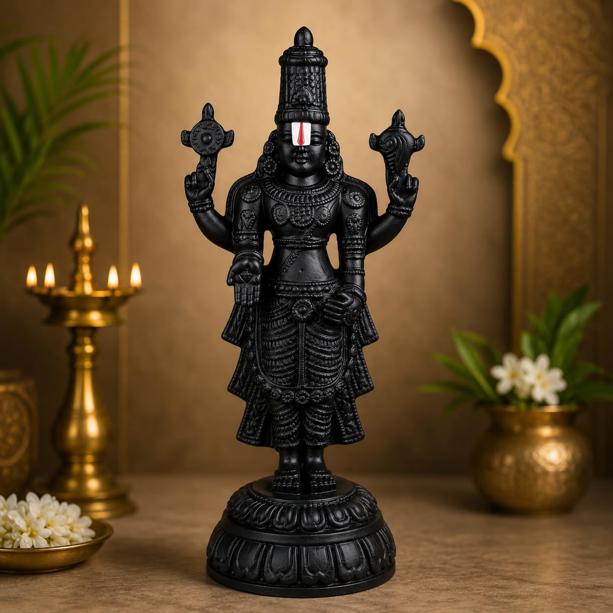 SAI Divine Aura Tirupati Balaji Idol, Black Marble Finish, 20 CM, Standing Pose Govinda Statue for Pooja Room, Home Temple & Gifting-image-36