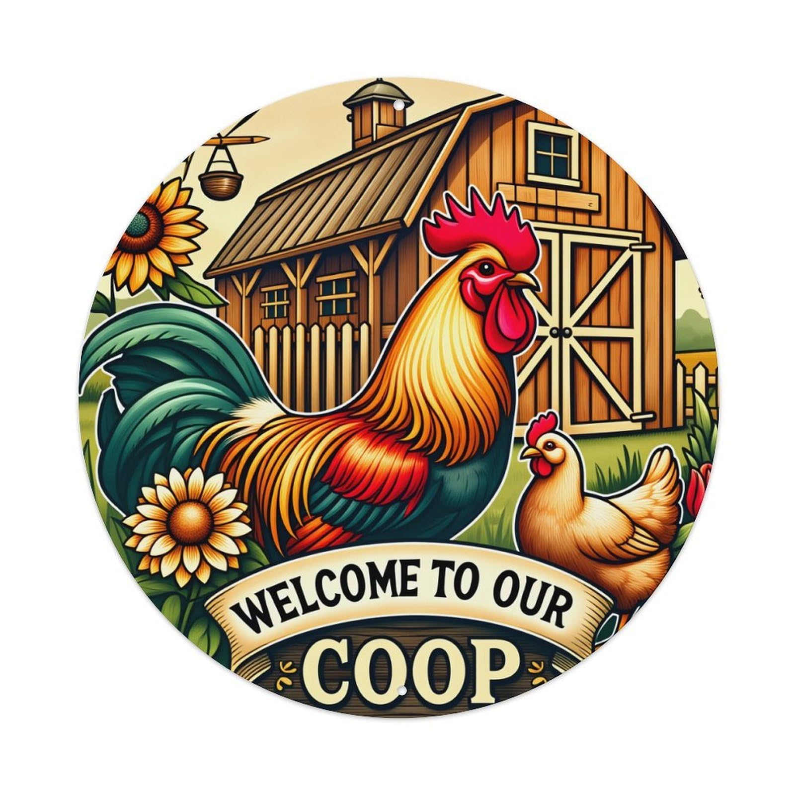 Farm Rooster Chicken Barn Sunflower Round Tin Sign Vintage Metal Poster Retro Bar, Home, Man Cave, Kitchen, Laundry Room Wall Art Decor Gift 8x8Inch