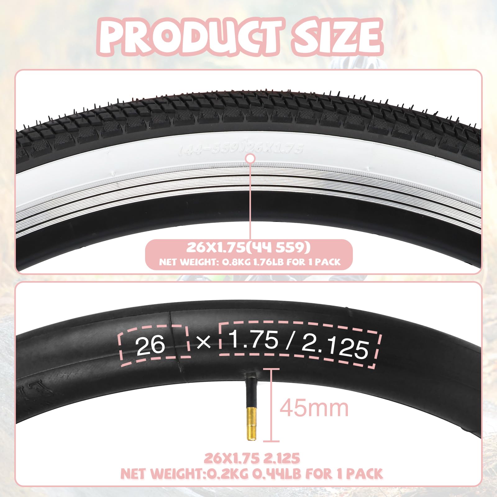 MEGHNA Pneu de vélo 26 pouces 26 x 1,75 (44-559) + 2 chambres à air AV48 mm + 2 démonte-pneus – Kit de pneus de vélo pour vélo de ville, VTT, vélo de trekking, vélo jeune, vélo pliant