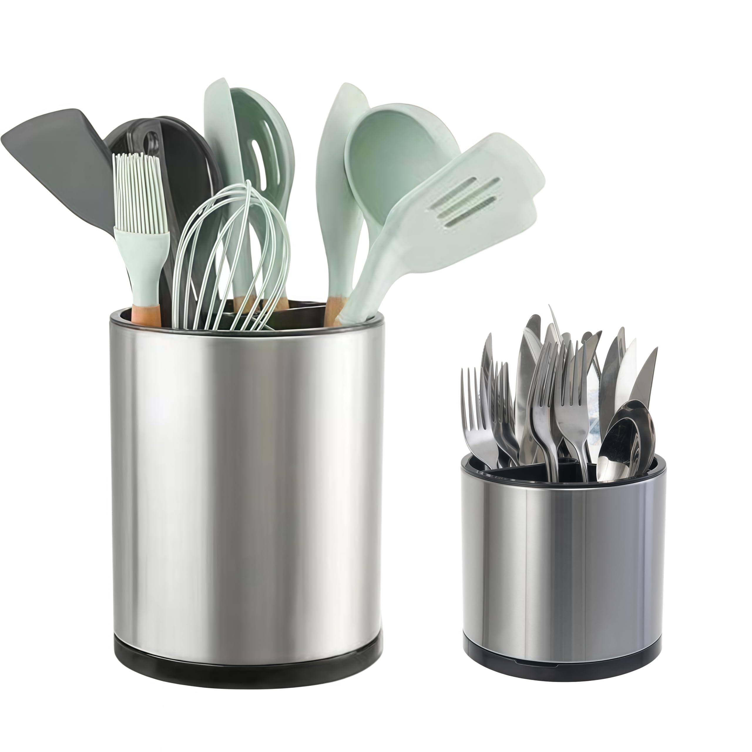 LIBODOUR Kitchen Utensil Holder Extra Large Rotating For Counter Organizer Stainless Steel Storage Cooking Silverware Caddy 3 Compartment Flatware