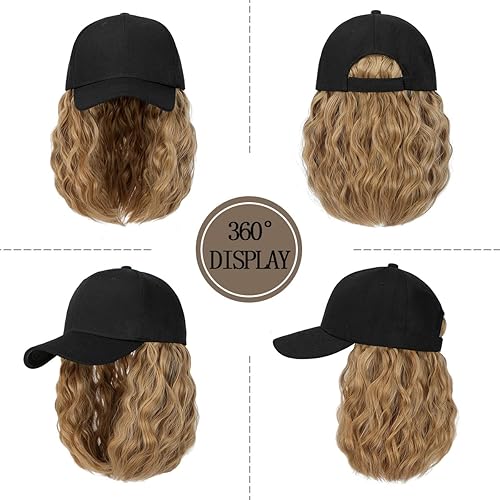 Miniatura 2 de Qlenkay Gorra de béisbol con extensiones de cabello de 14 pulgadas, ondulado, rizado, estilo Bob, peluca ajustable, sombrero de peluca sintética
