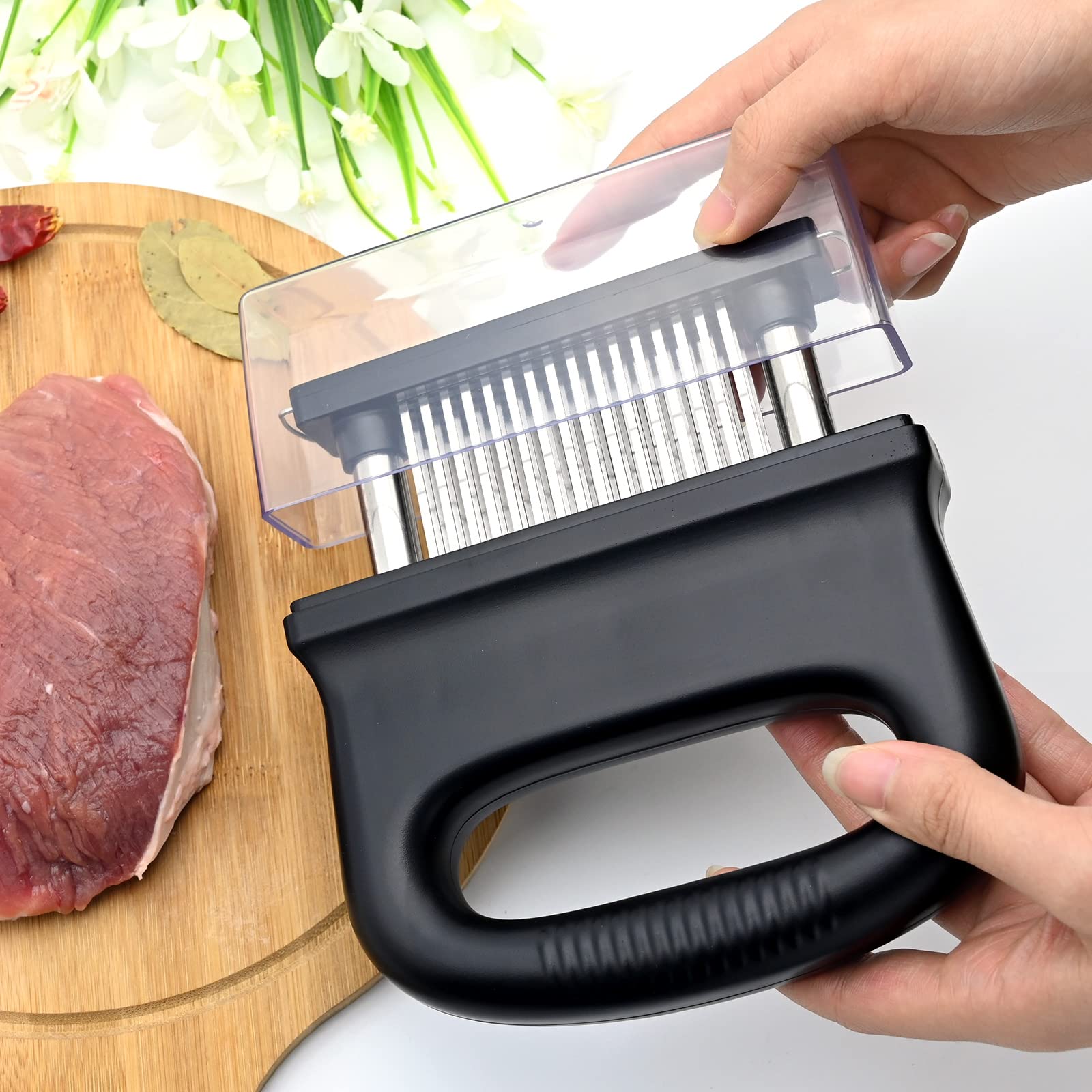 Batticarne Acciaio Inox, Ago Inteneritore per Carne con con Spazzola di Pulizia e 48 Lame in Acciaio Inossidabile, Strumento Inteneritore di Bistecca per la Lavorazione della Carne