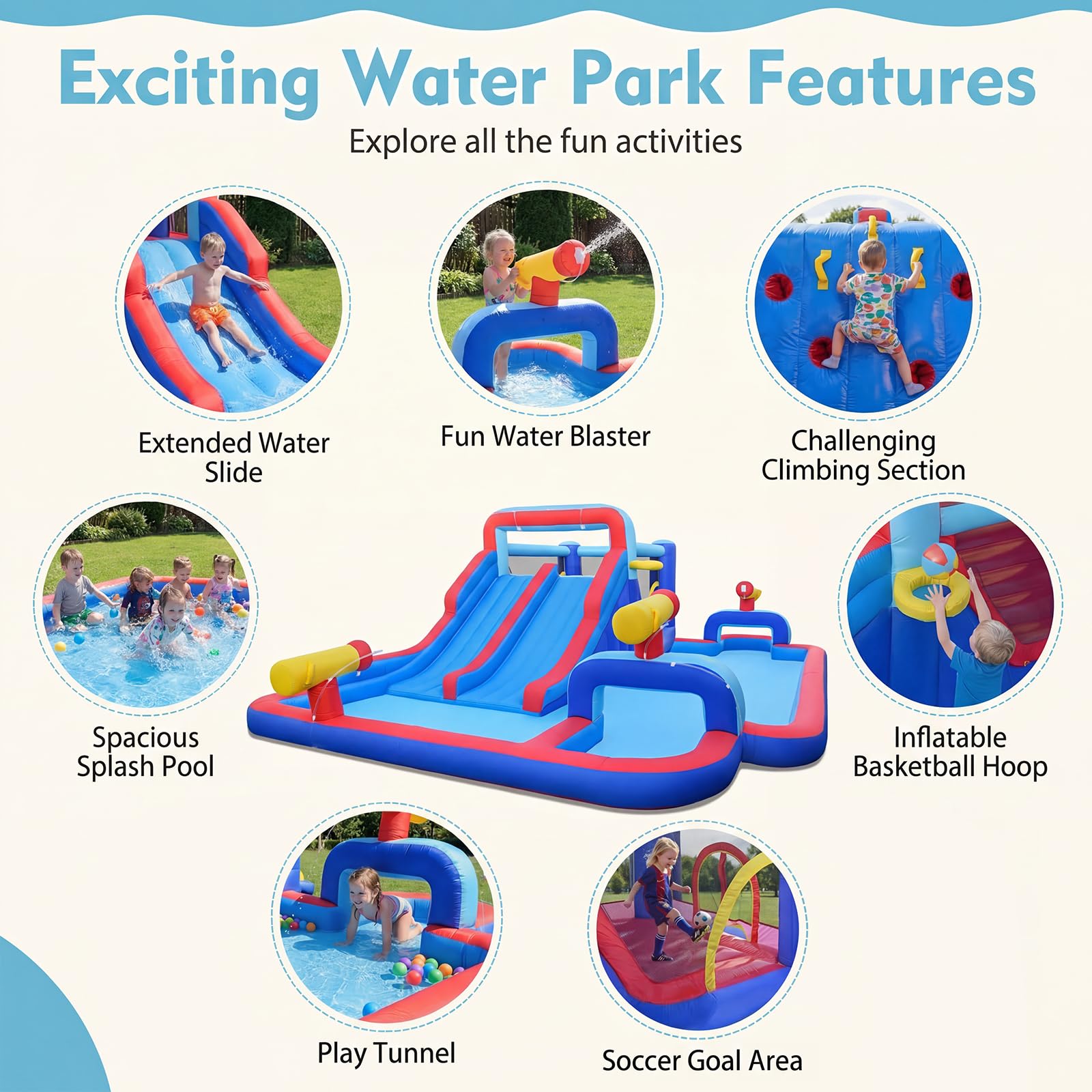 GIANTEX Castello Gonfiabile per Bambini con Scivolo, Piscina Gonfiabile in Tessuto Oxford con Canestro da Basket, Cannone ad Acqua e Parete da Arrampicata, Parco Giochi Grande da Esterno per 3-12 Anni
