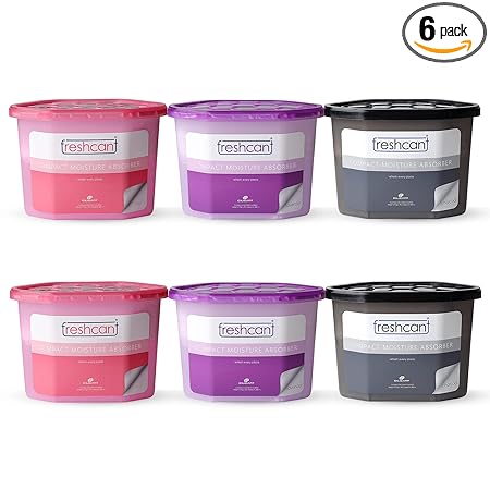 freshcant Compact Moisture Absorber Refresh Every Place, Dehumidifier for Wardrobe/Closets, Storage Compartment, Cupboard, Almirah, Shoe Rack, Bathroom Uses (COMBO PACK OF 6 -2 LAVENDER, 2 ROSE & 2 CHARCOAL)