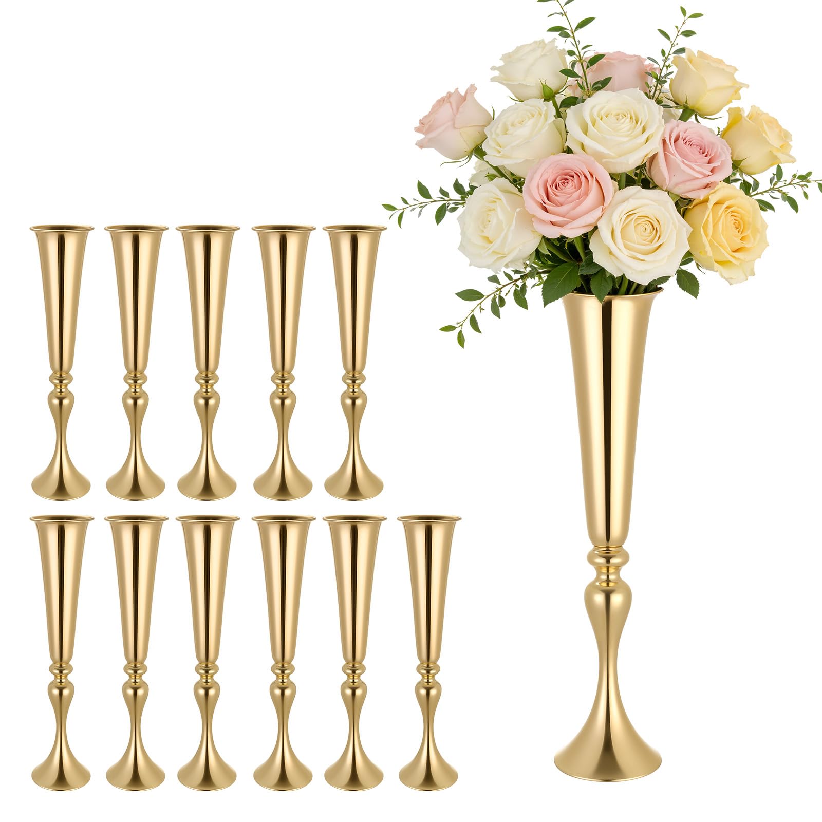 VEVOR Set di 12 Vasi Decorativi Centrotavola per Matrimonio in Metallo, 12 Vasi Supporto per Composizioni Floreali Altezza 55 cm per Decorazioni Banchetti Feste Casa, Finitura Galvanizzata Oro