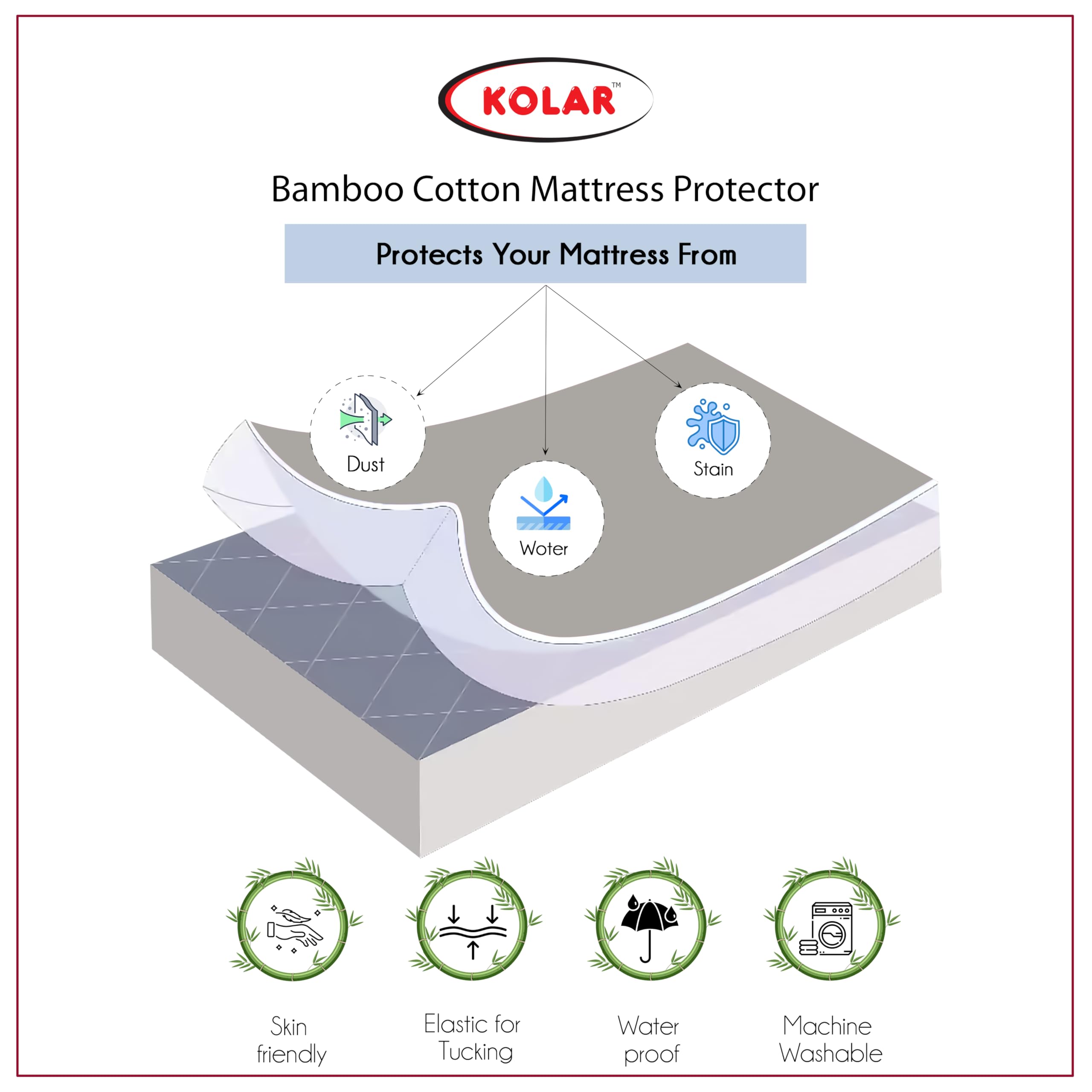Kolar Premium Bamboo Mattress Protector| 100% Water Proof Protector King Size 78x72 Inches | Breathable and Hypoallergenic Ultra Soft Fitted Bed Protector Cover - Grey 4