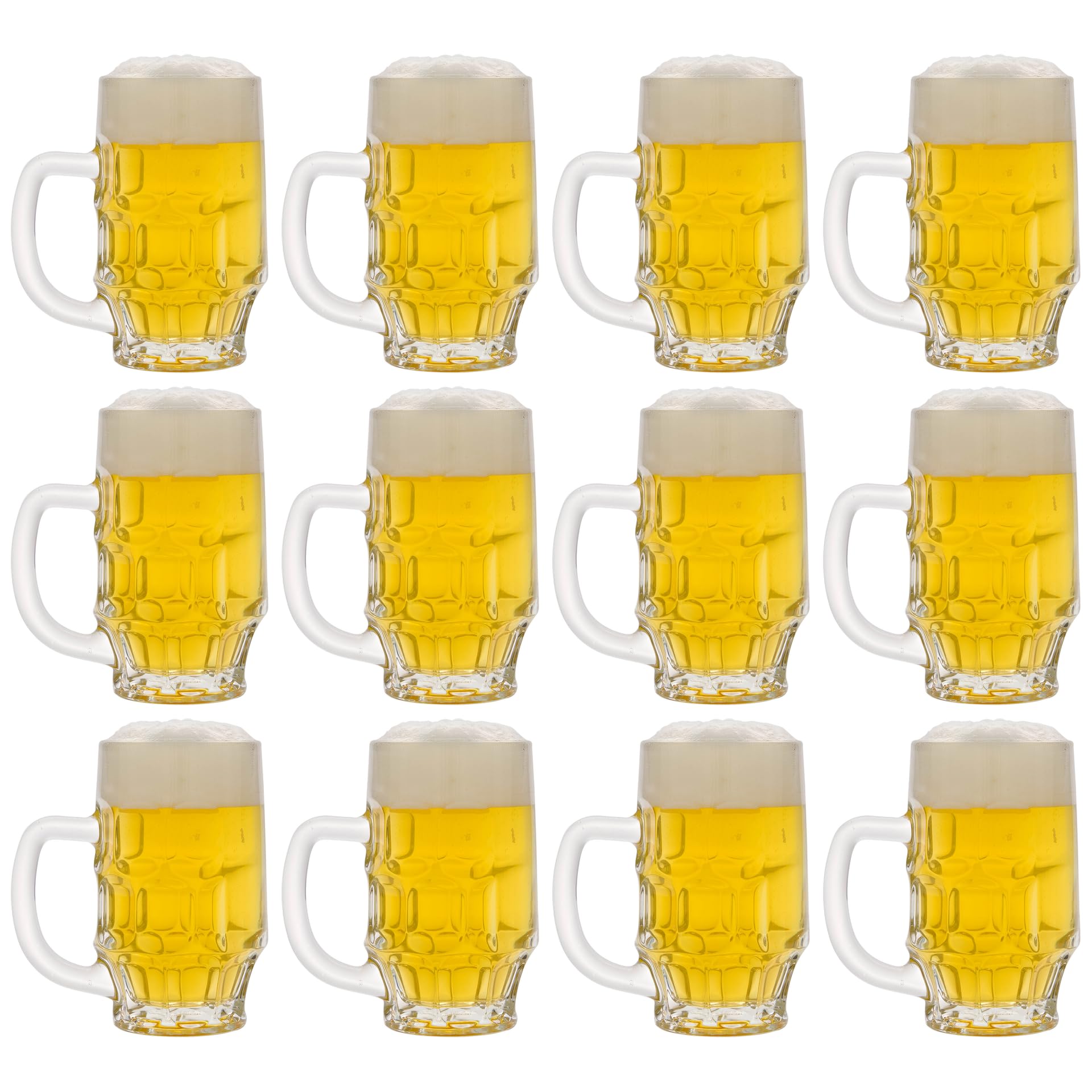 Set di 12 boccali da birra da 300 ml, in vetro trasparente, rotondi, robusti, ideali per birra, bevande, gastronomia, feste, casa, seta, con tratto di misurazione